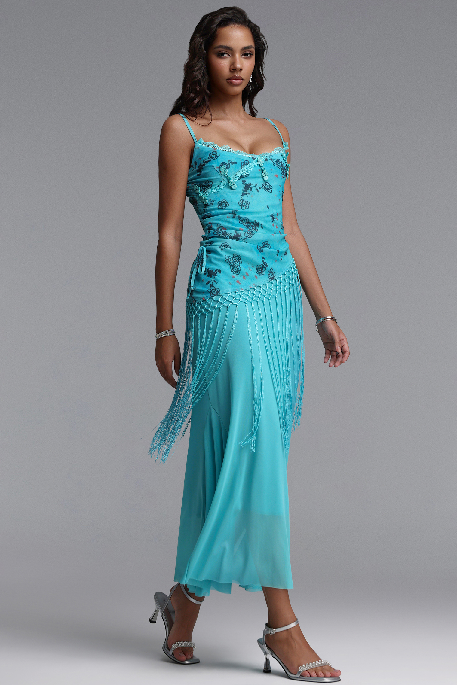 Palez Elegant Contour Spaghetti Strap Fringe Floral Print Mesh Maxi Dress