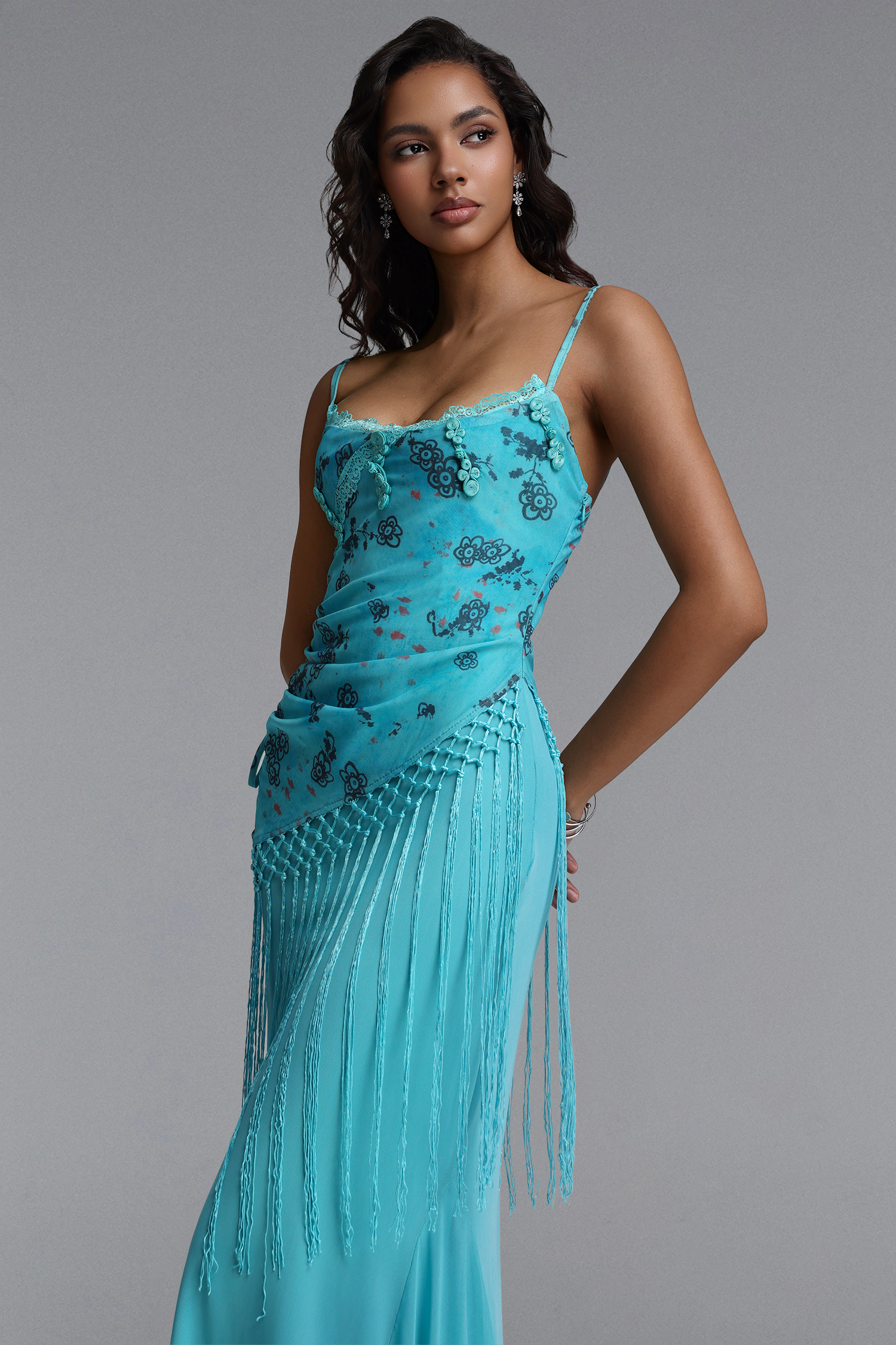 Palez Elegant Contour Spaghetti Strap Fringe Floral Print Mesh Maxi Dress