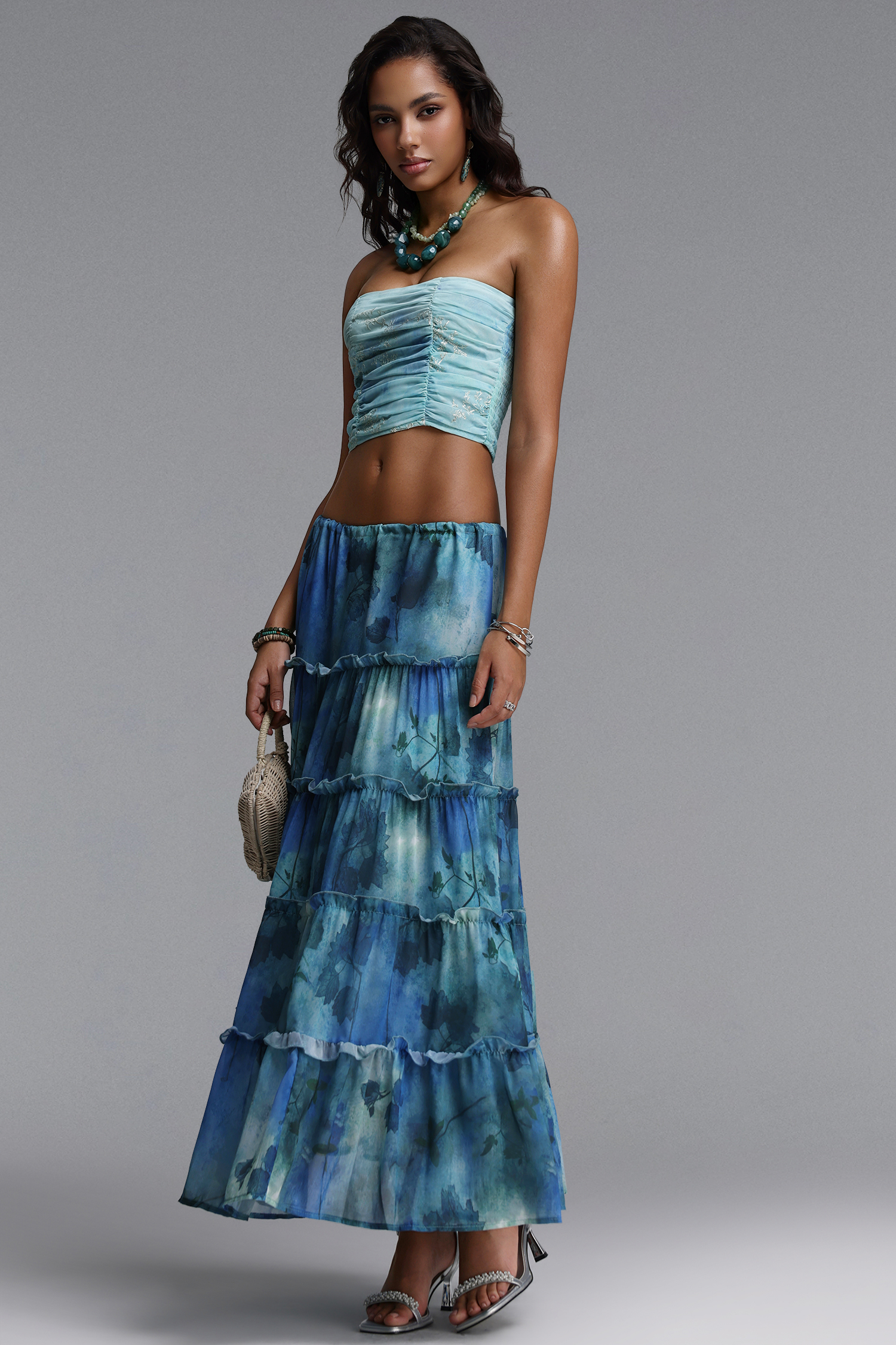 Gala Resort Flowy Strapless Ruffle Print Woven Top and Skirt Two Piece Set