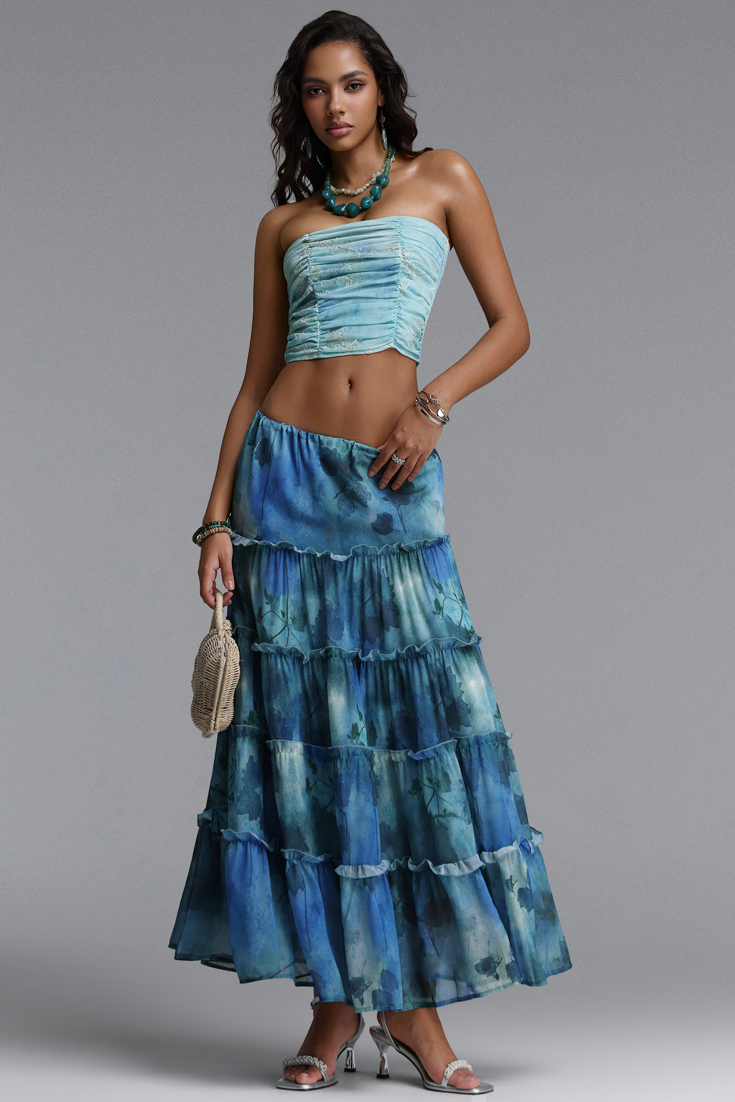 Gala Resort Flowy Strapless Ruffle Print Woven Top and Skirt Two Piece Set