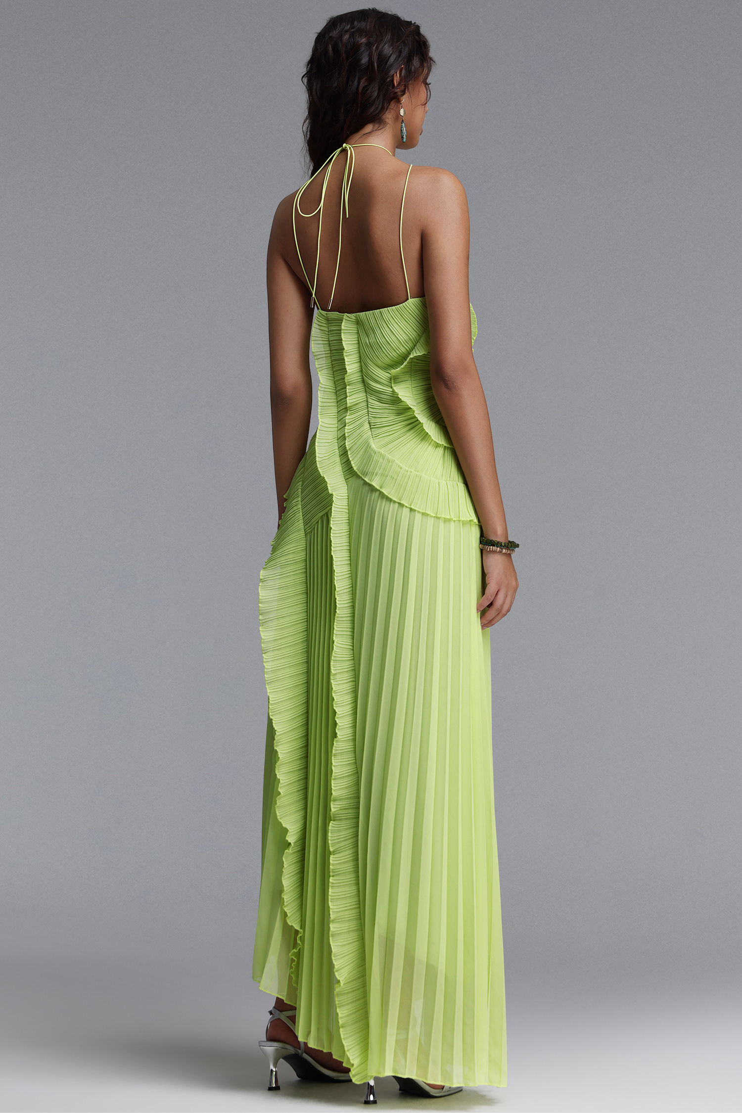 Ravaza Sleeveless Folds Slit Green Maxi Dress