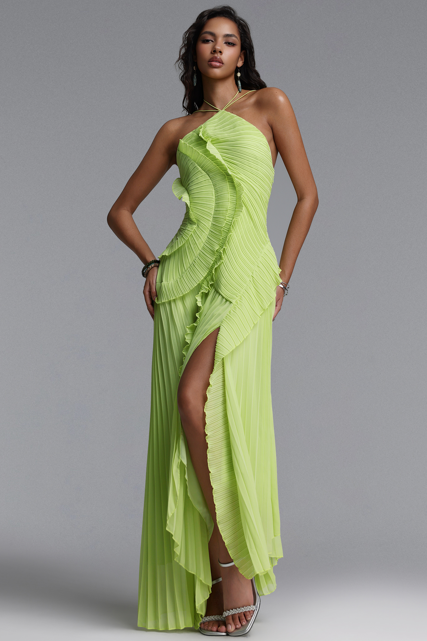 Ravaza Sleeveless Folds Slit Green Maxi Dress