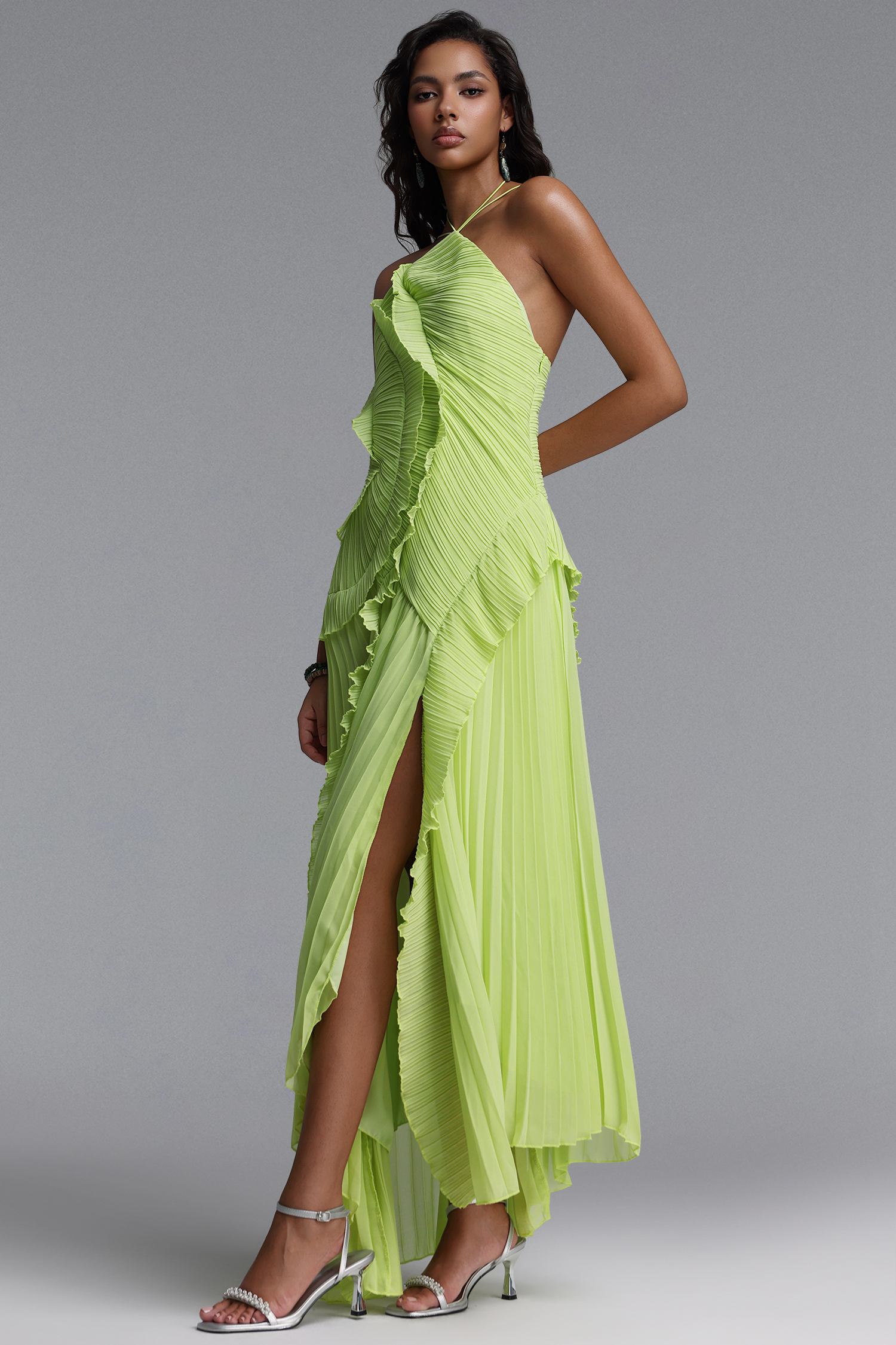 Ravaza Sleeveless Folds Slit Green Maxi Dress