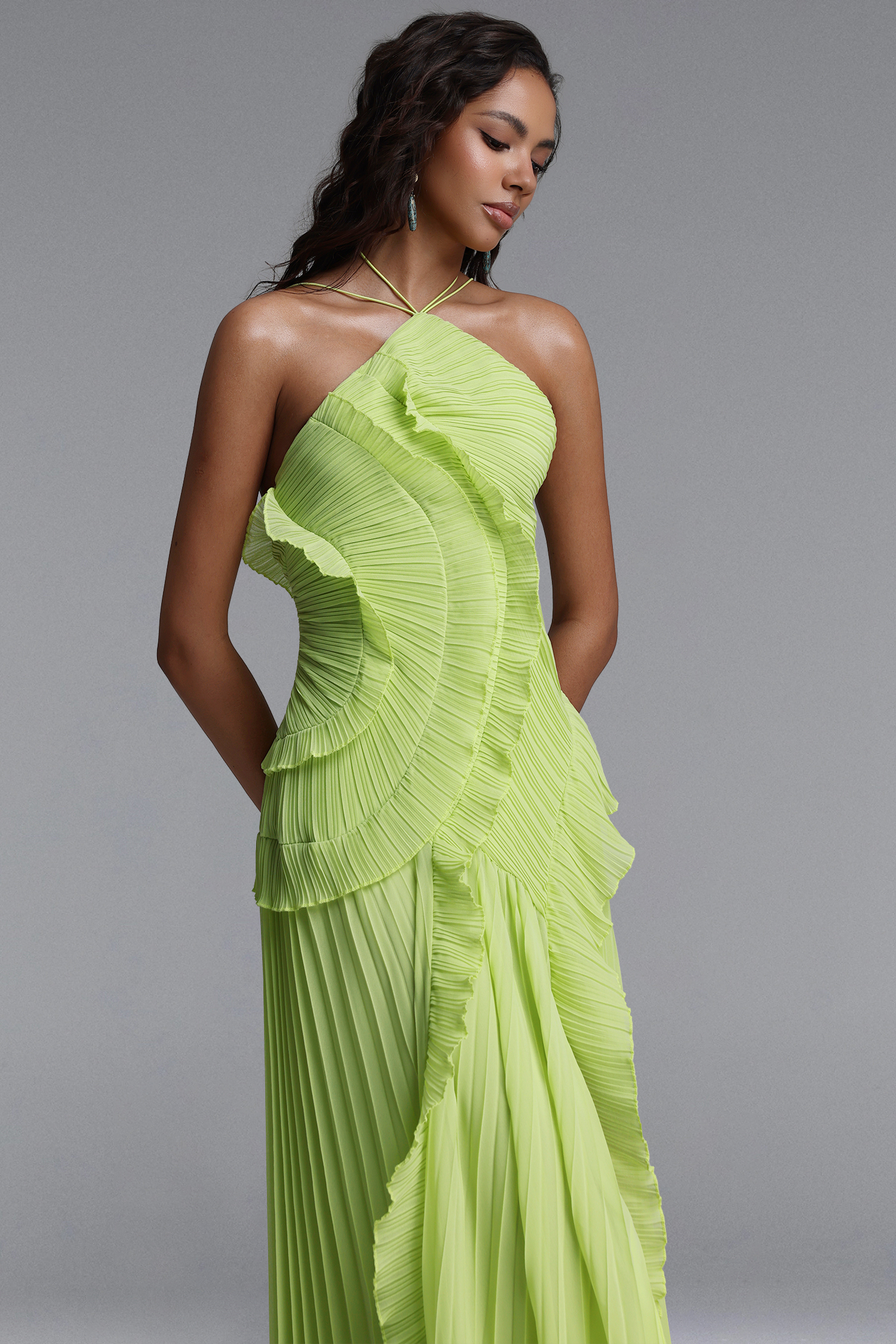 Ravaza Sleeveless Folds Slit Green Maxi Dress