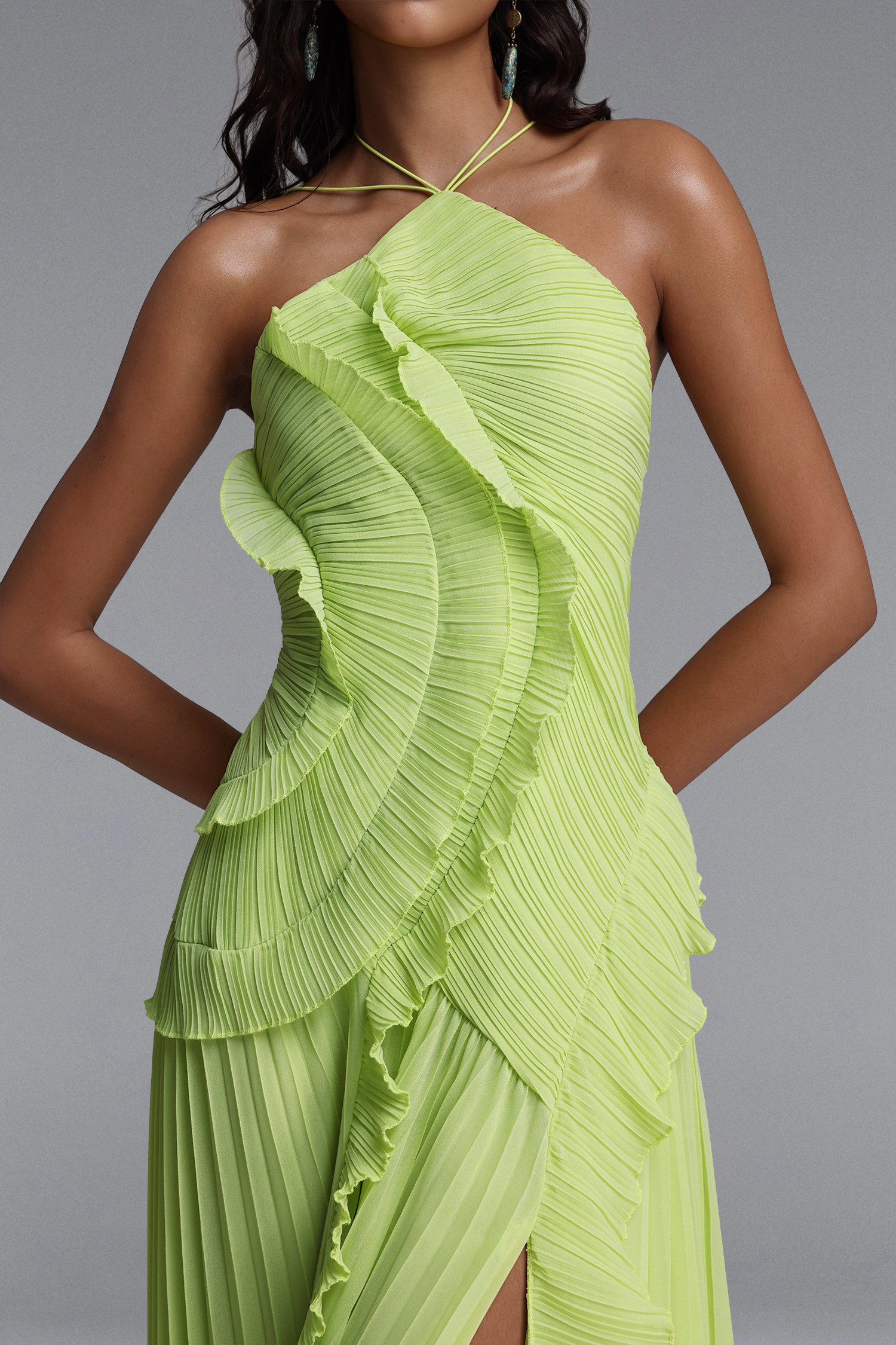 Ravaza Sleeveless Folds Slit Green Maxi Dress