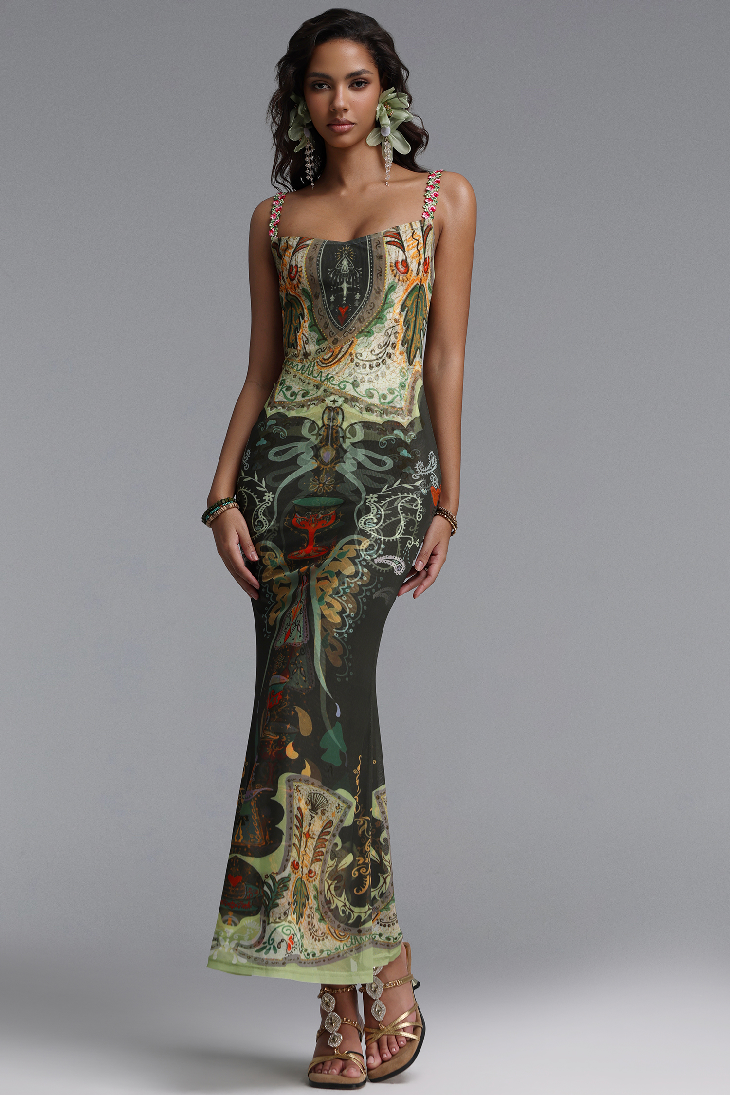 Xapana Resort Contour Sleeveless Mesh Green Maxi Dress
