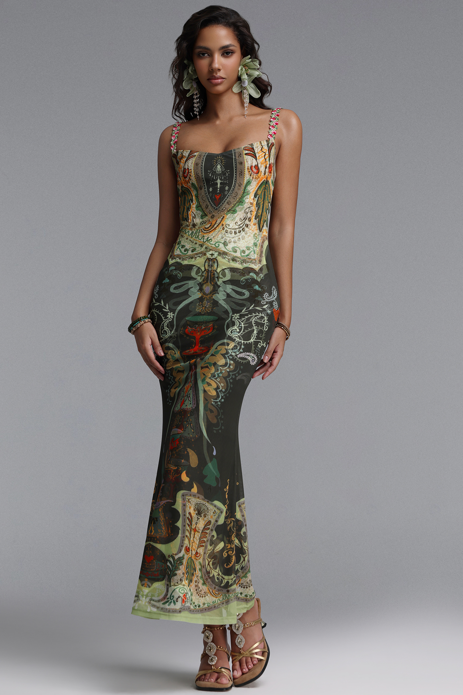 Xapana Resort Contour Sleeveless Mesh Green Maxi Dress