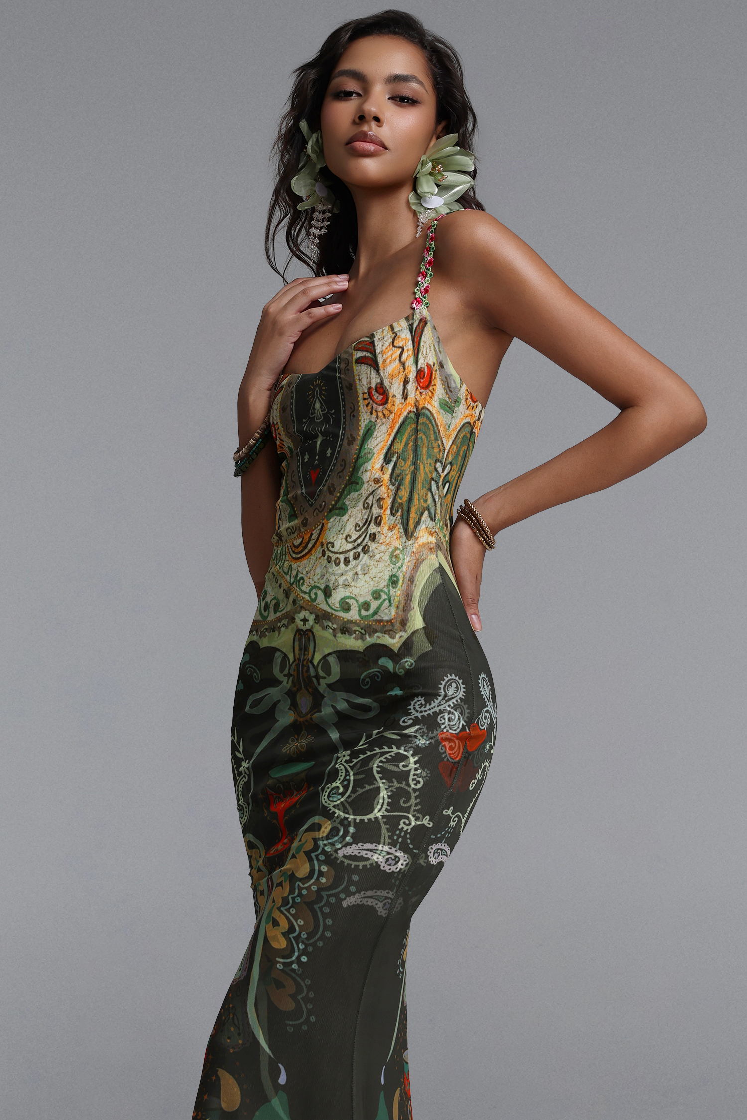 Xapana Resort Contour Sleeveless Mesh Green Maxi Dress