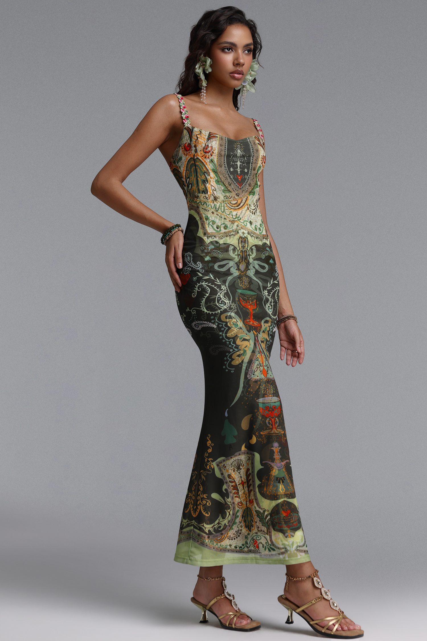 Xapana Resort Contour Sleeveless Mesh Green Maxi Dress