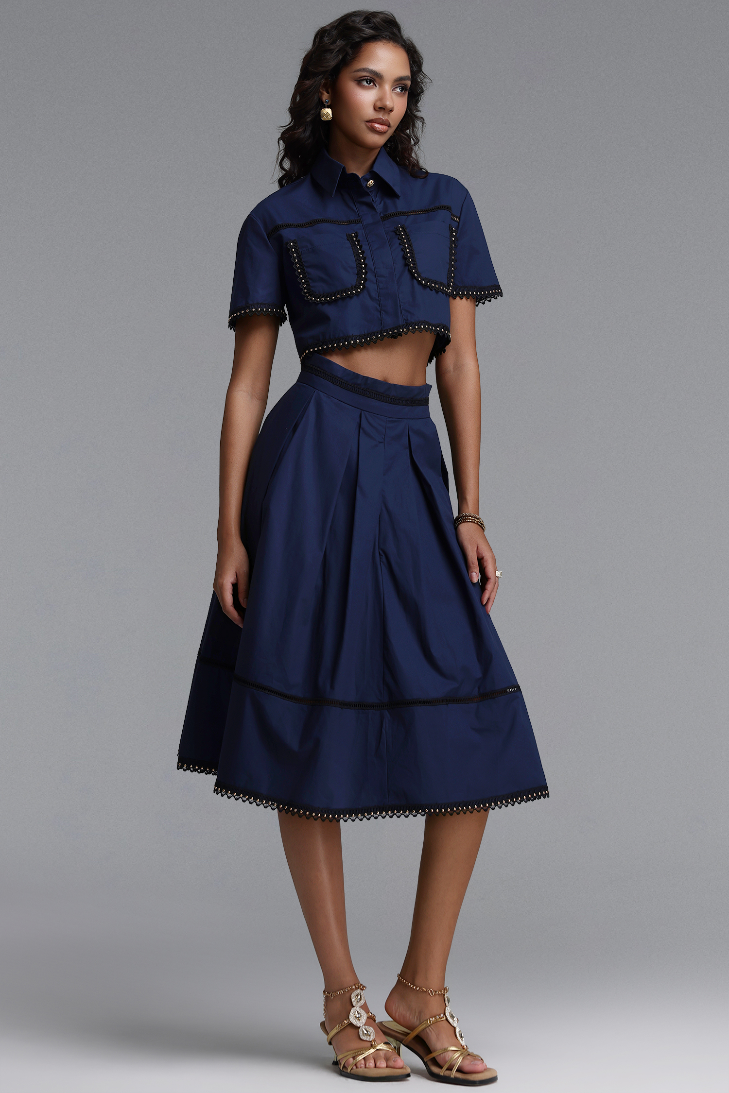Naleza Elegant Tailored Short Sleeve Woven Top and Skirt Two Piece Set
