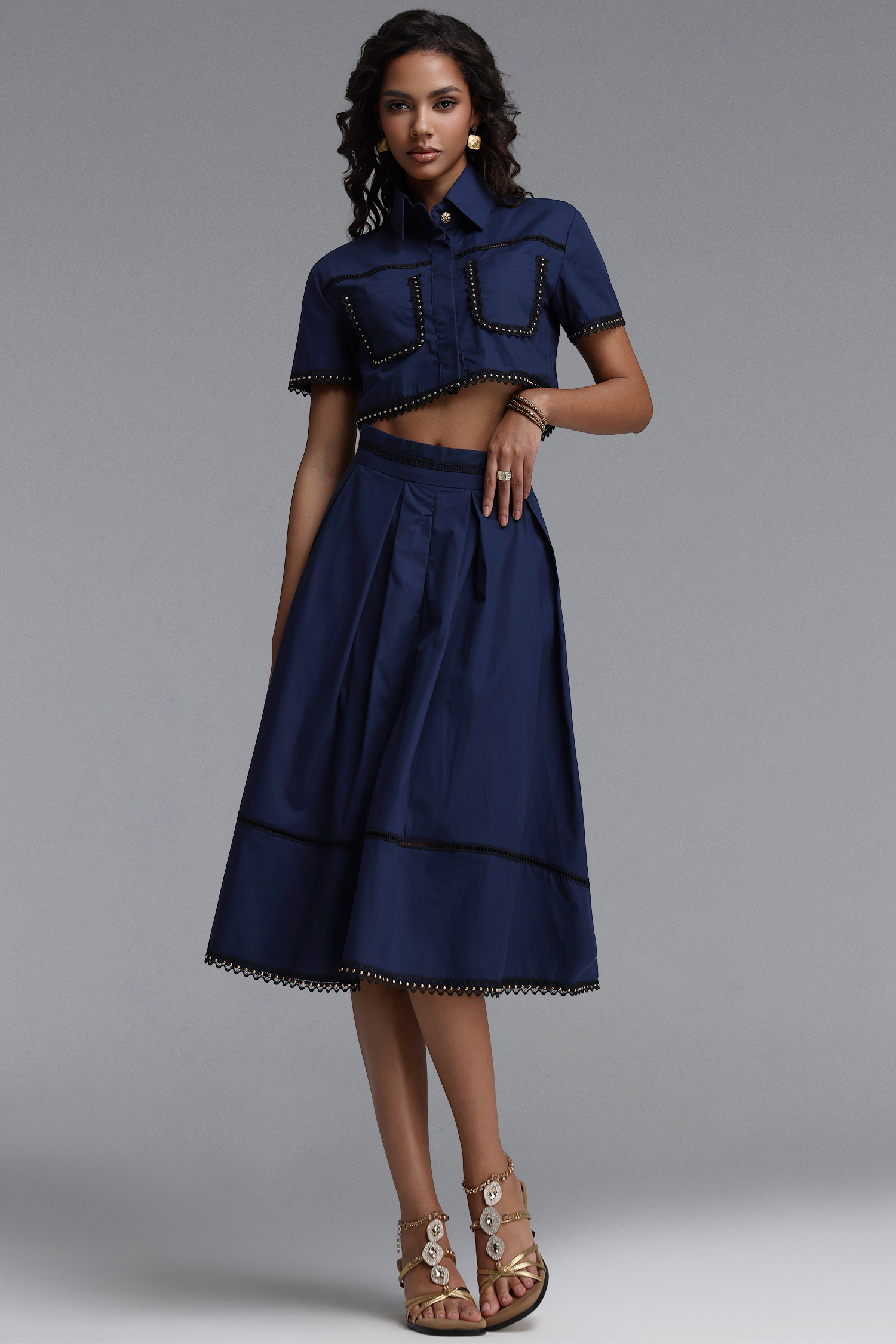 Naleza Elegant Tailored Short Sleeve Woven Top and Skirt Two Piece Set