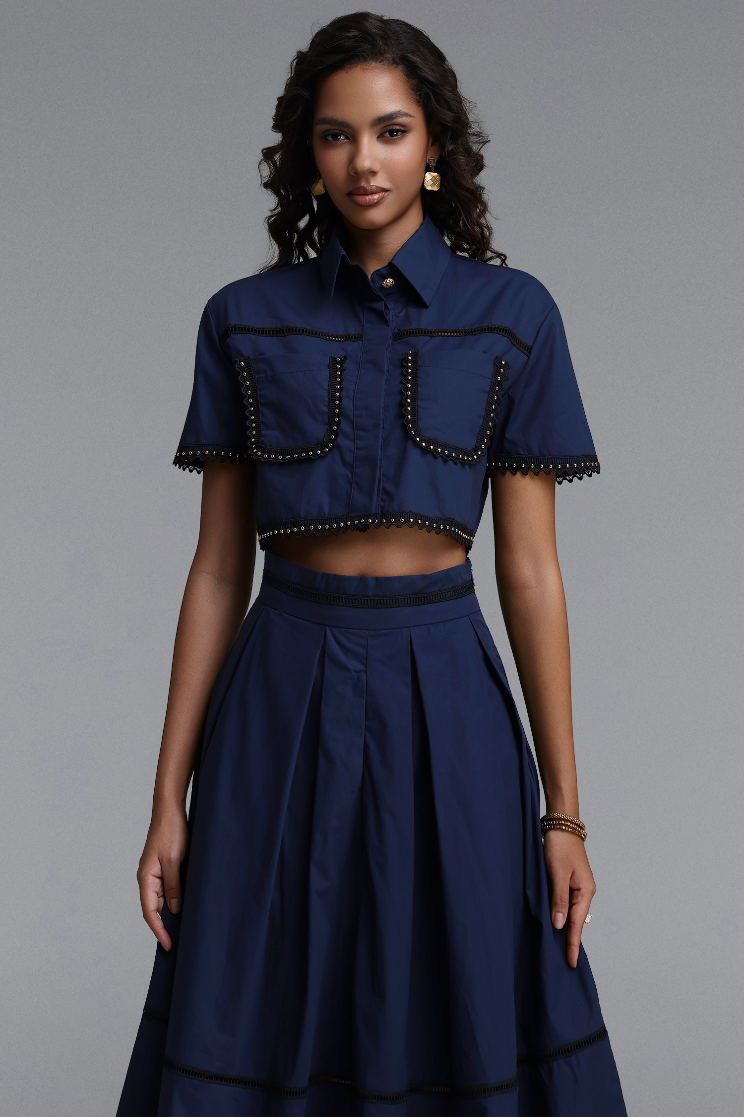 Naleza Elegant Tailored Short Sleeve Woven Top and Skirt Two Piece Set