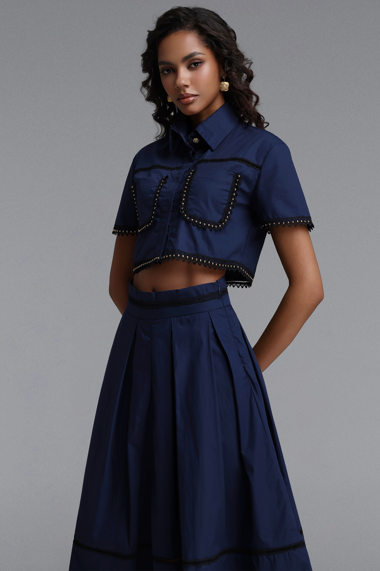 Naleza Elegant Tailored Short Sleeve Woven Top and Skirt Two Piece Set