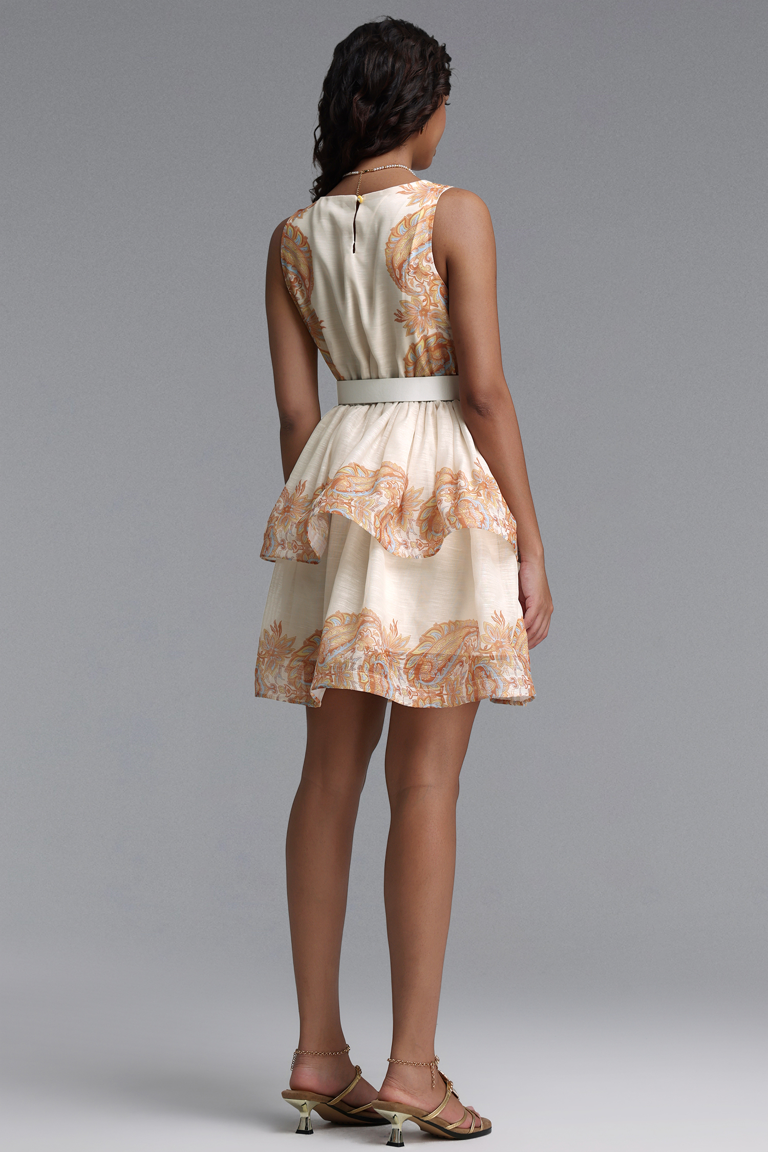 Rafik Resort Flowy V Neck Sleeveless Floral Organza Mini Dress