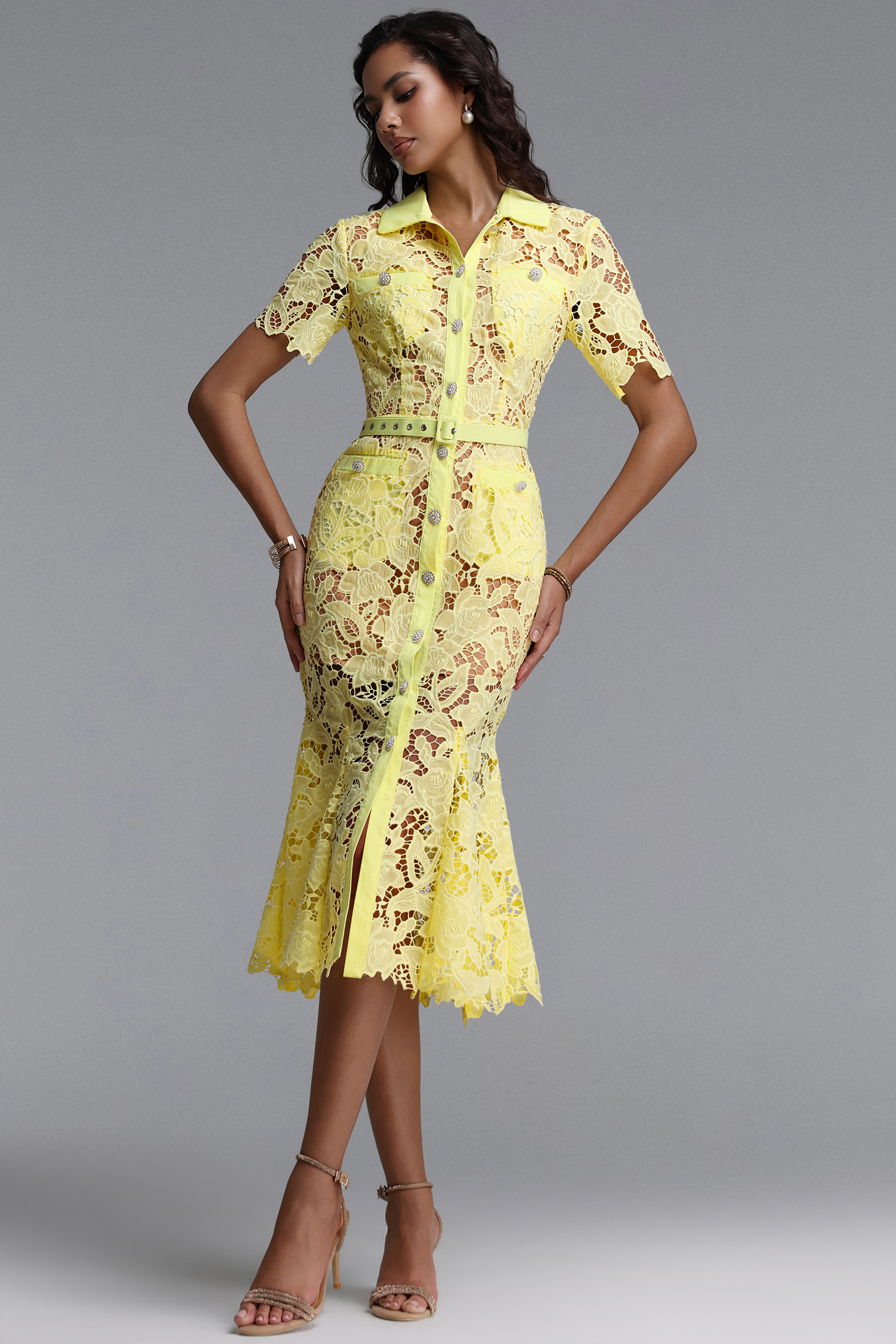 Thalassa Classic Tailored Short Sleeve Floral Lace Maxi Dress