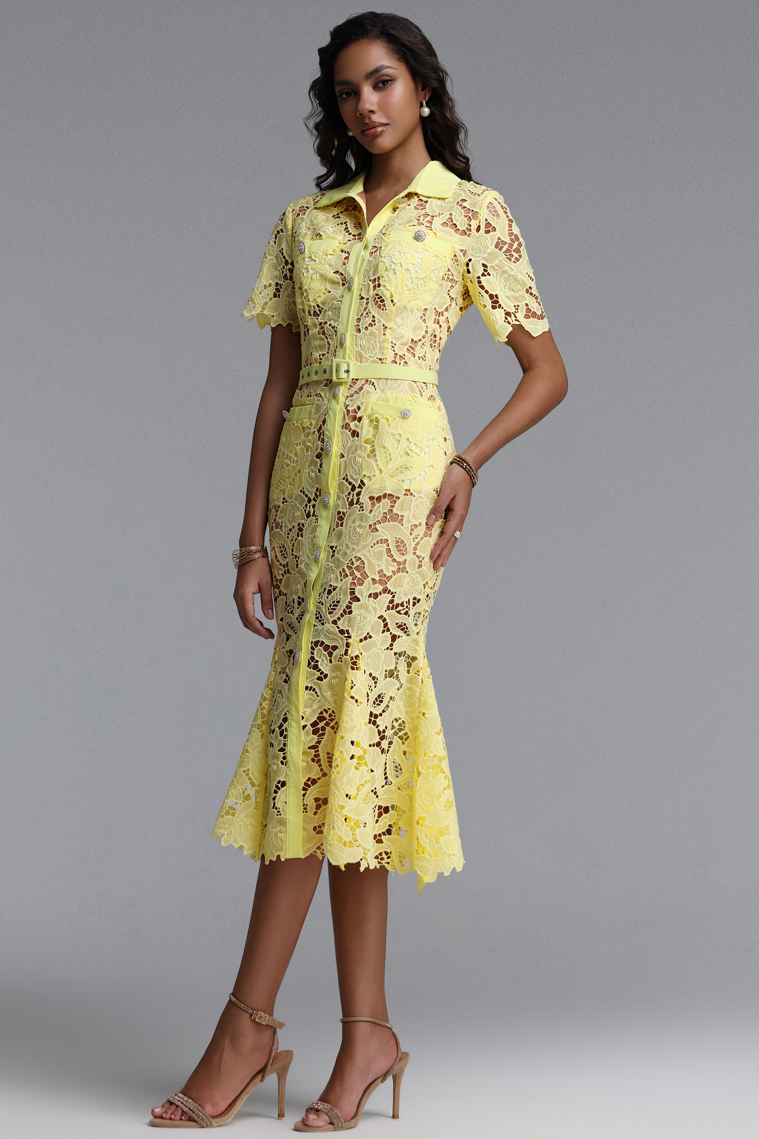 Thalassa Classic Tailored Short Sleeve Floral Lace Maxi Dress