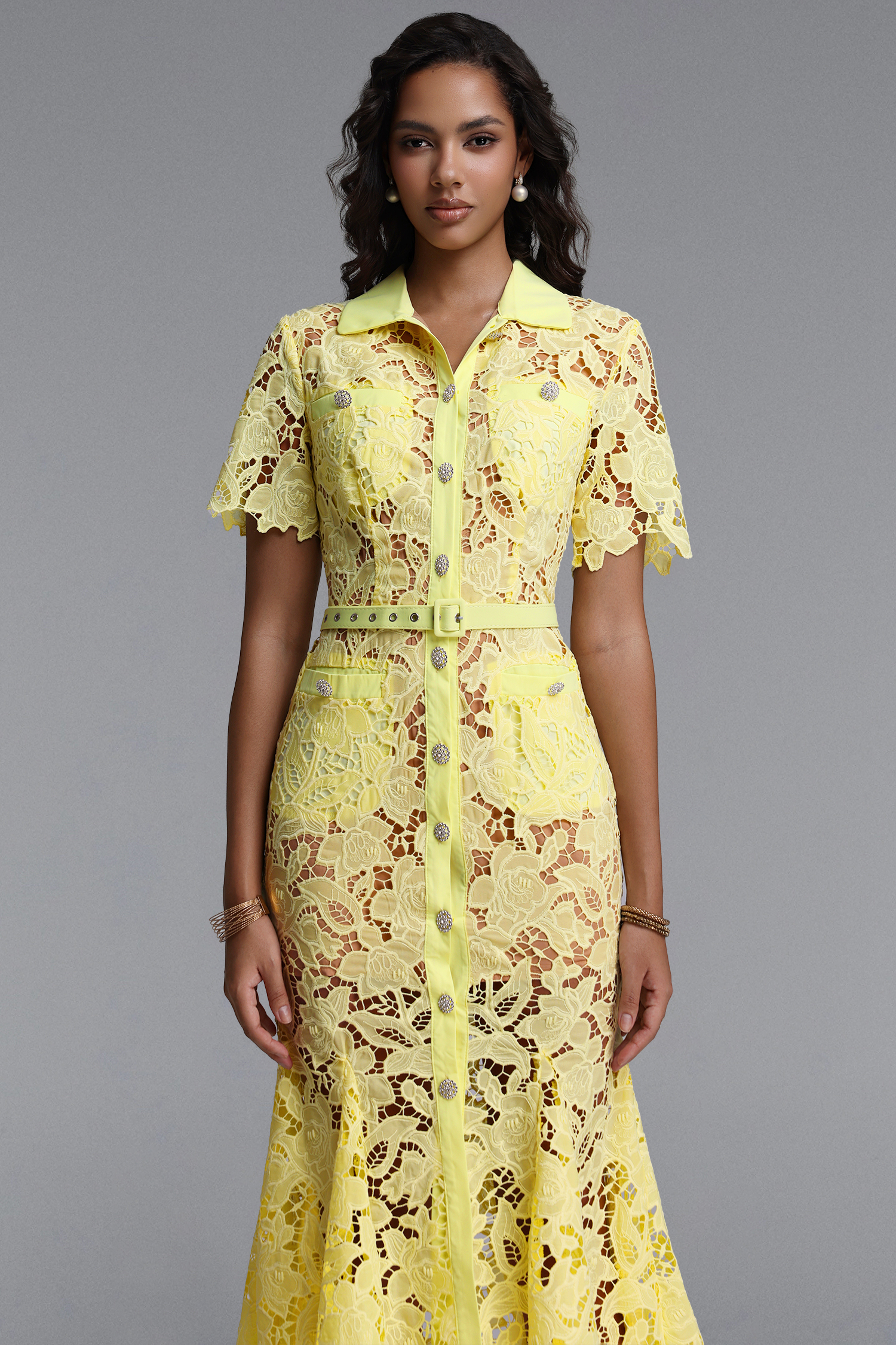 Thalassa Classic Tailored Short Sleeve Floral Lace Maxi Dress