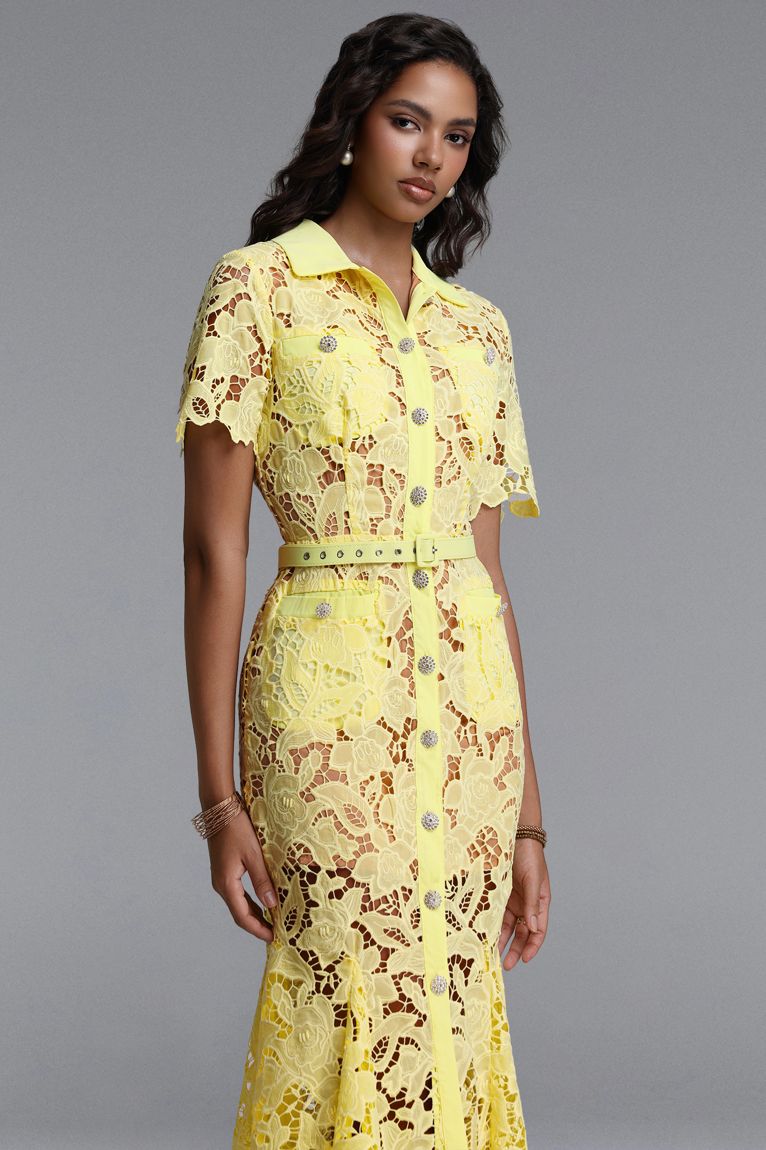 Thalassa Classic Tailored Short Sleeve Floral Lace Maxi Dress