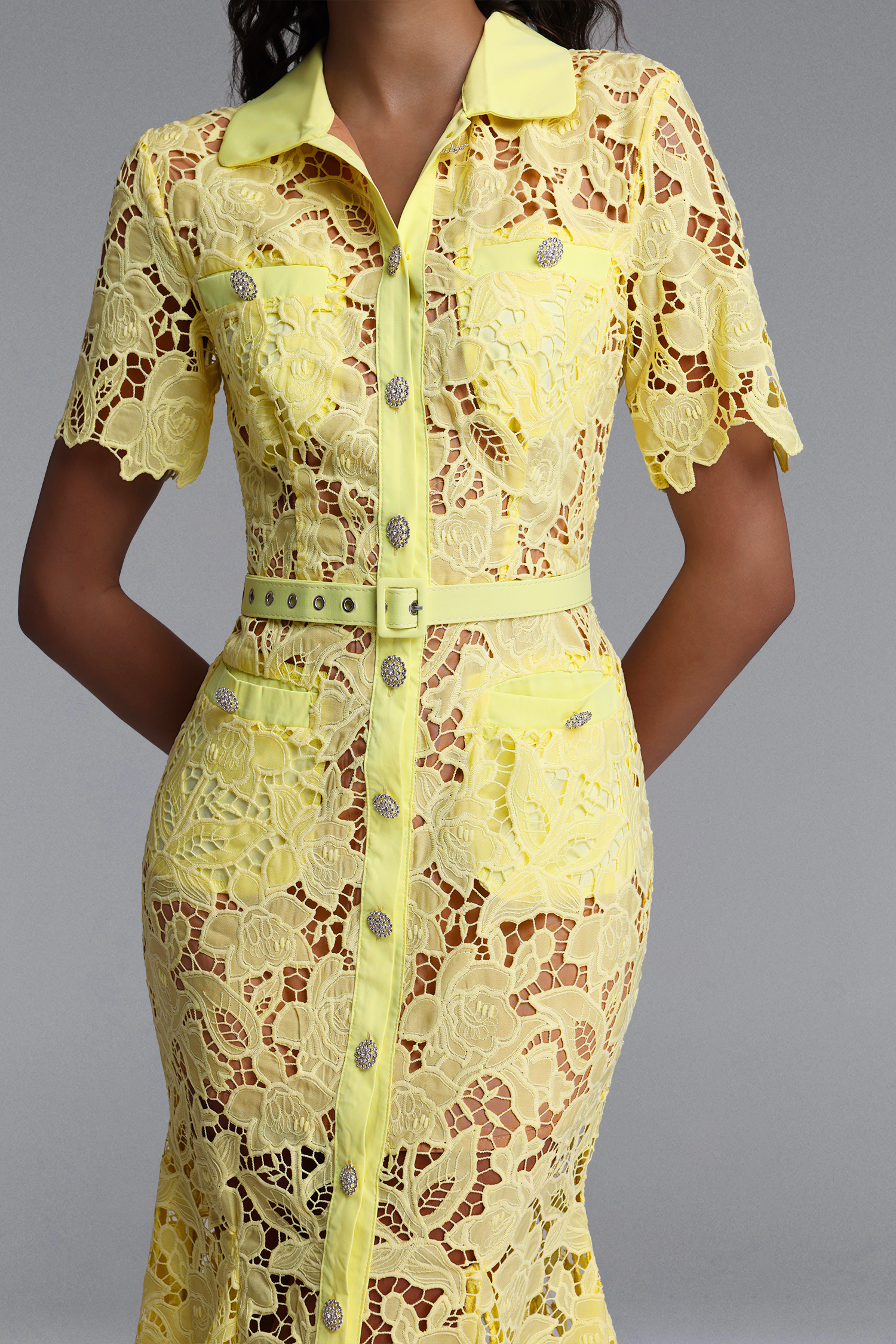 Thalassa Classic Tailored Short Sleeve Floral Lace Maxi Dress