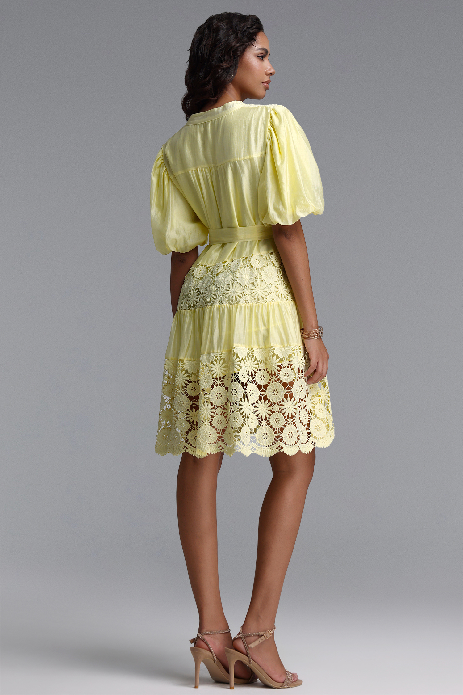 Robina Bohemian Flowy Puff Sleeve Floral Lace Trimmed Woven Mini Dress