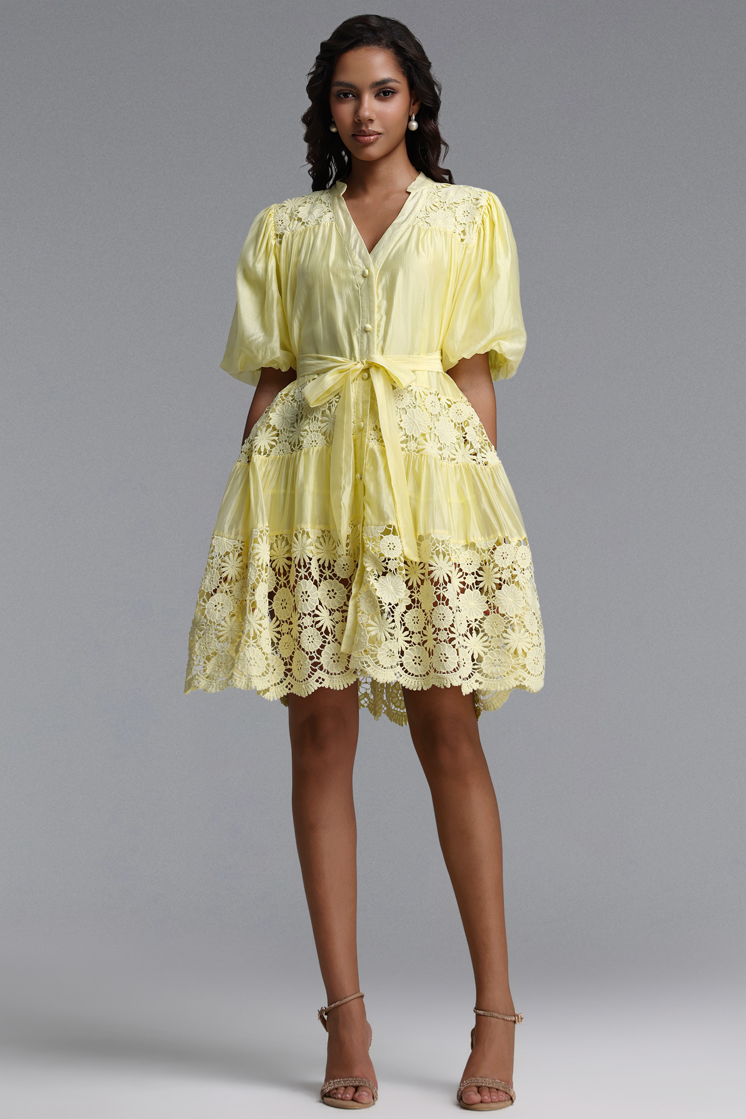 Robina Bohemian Flowy Puff Sleeve Floral Lace Trimmed Woven Mini Dress