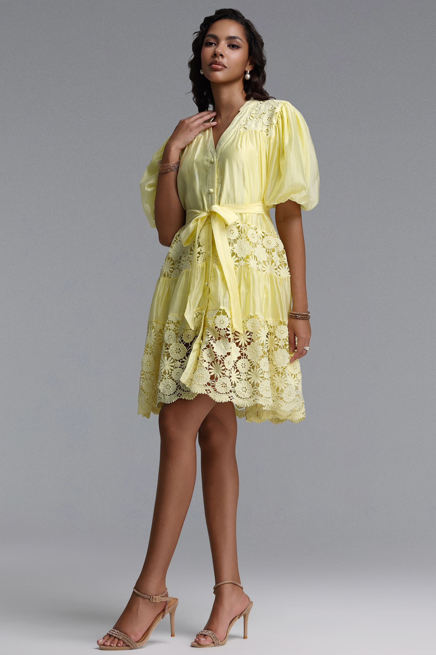 Robina Bohemian Flowy Puff Sleeve Floral Lace Trimmed Woven Mini Dress