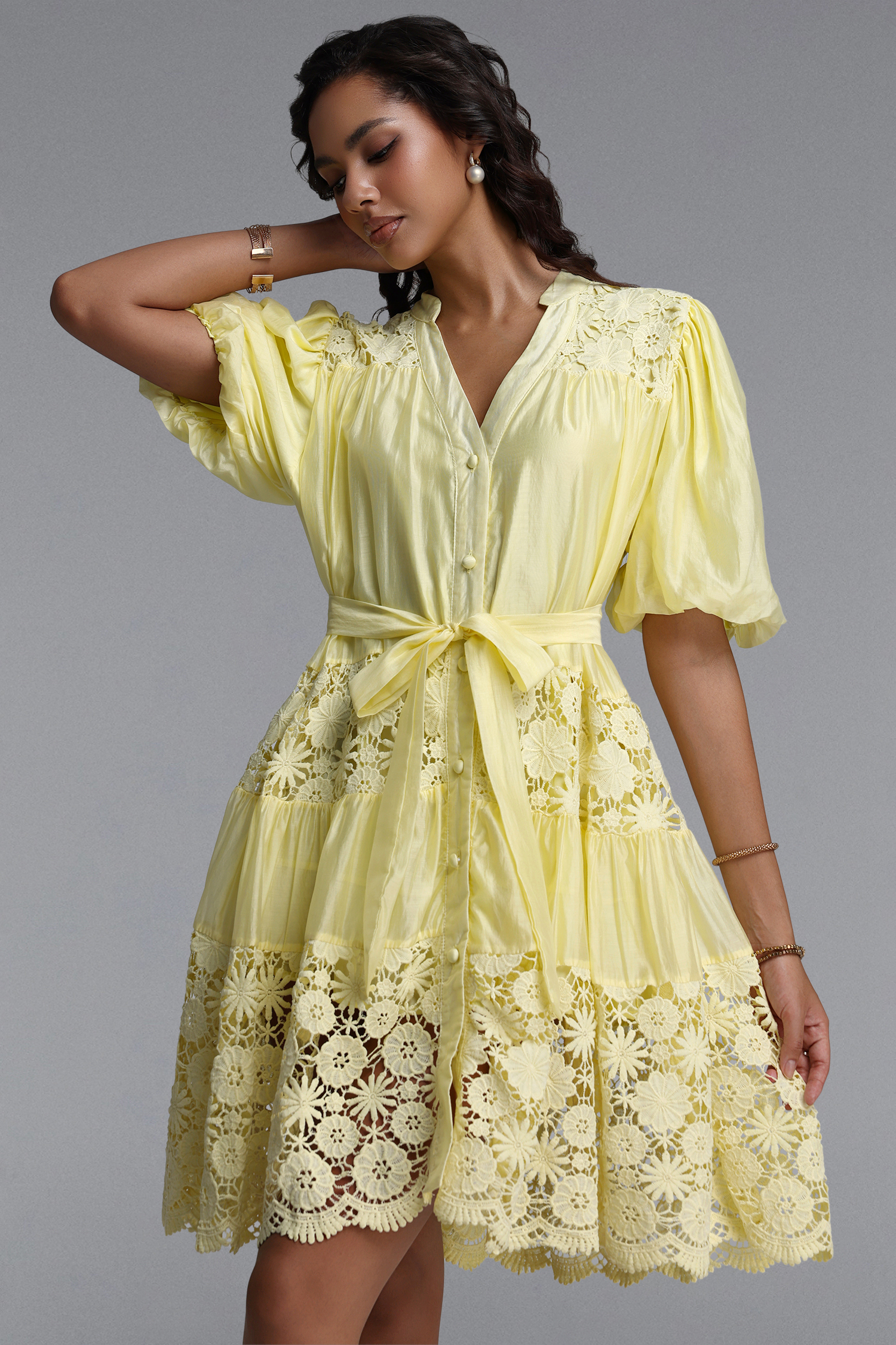 Robina Bohemian Flowy Puff Sleeve Floral Lace Trimmed Woven Mini Dress