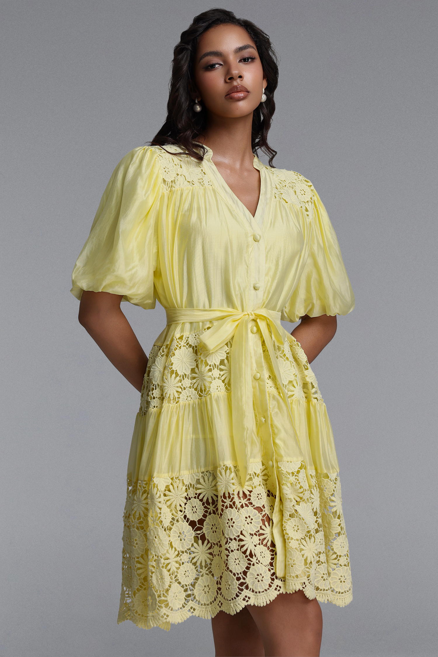 Robina Bohemian Flowy Puff Sleeve Floral Lace Trimmed Woven Mini Dress
