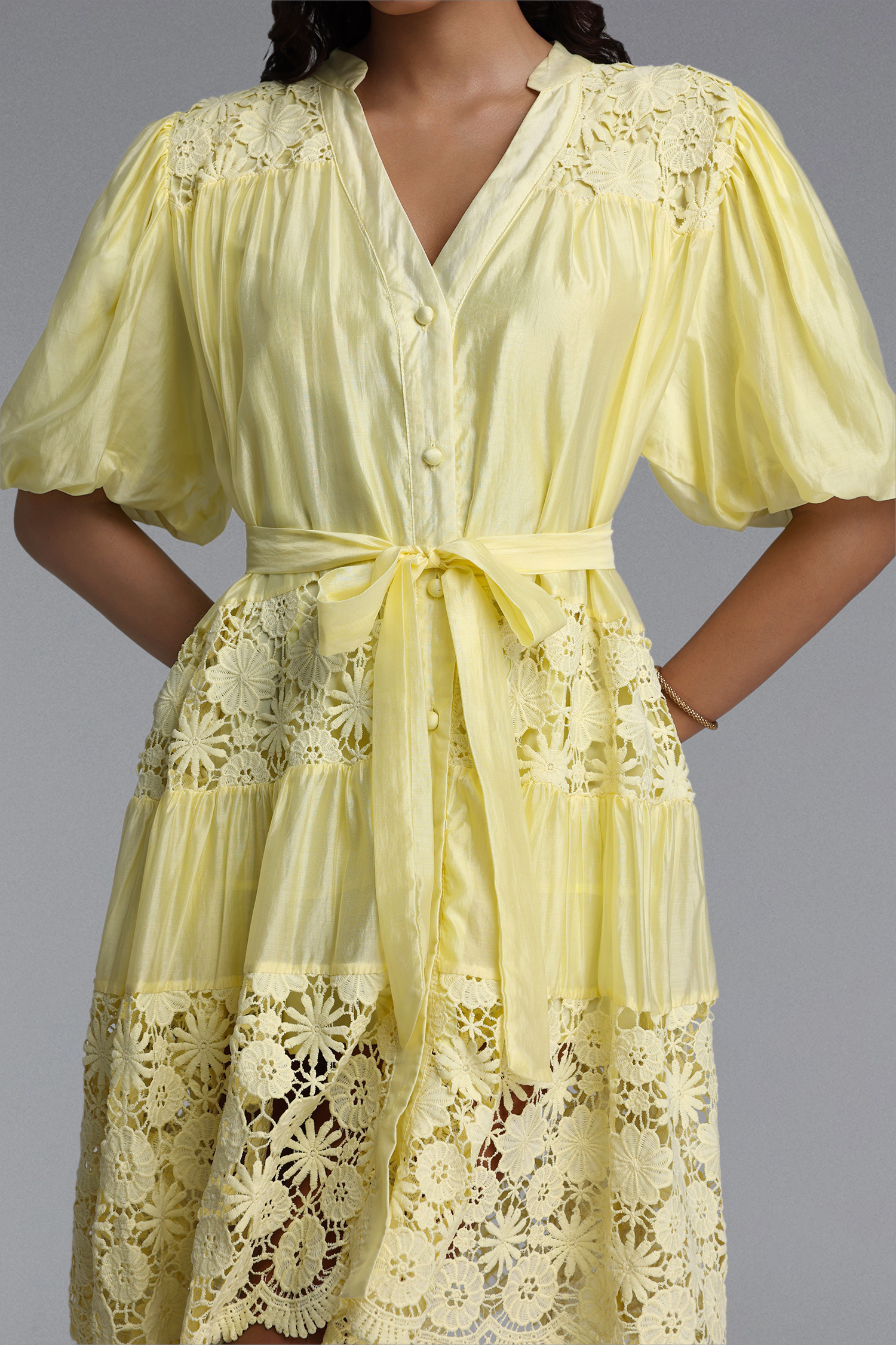 Robina Bohemian Flowy Puff Sleeve Floral Lace Trimmed Woven Mini Dress