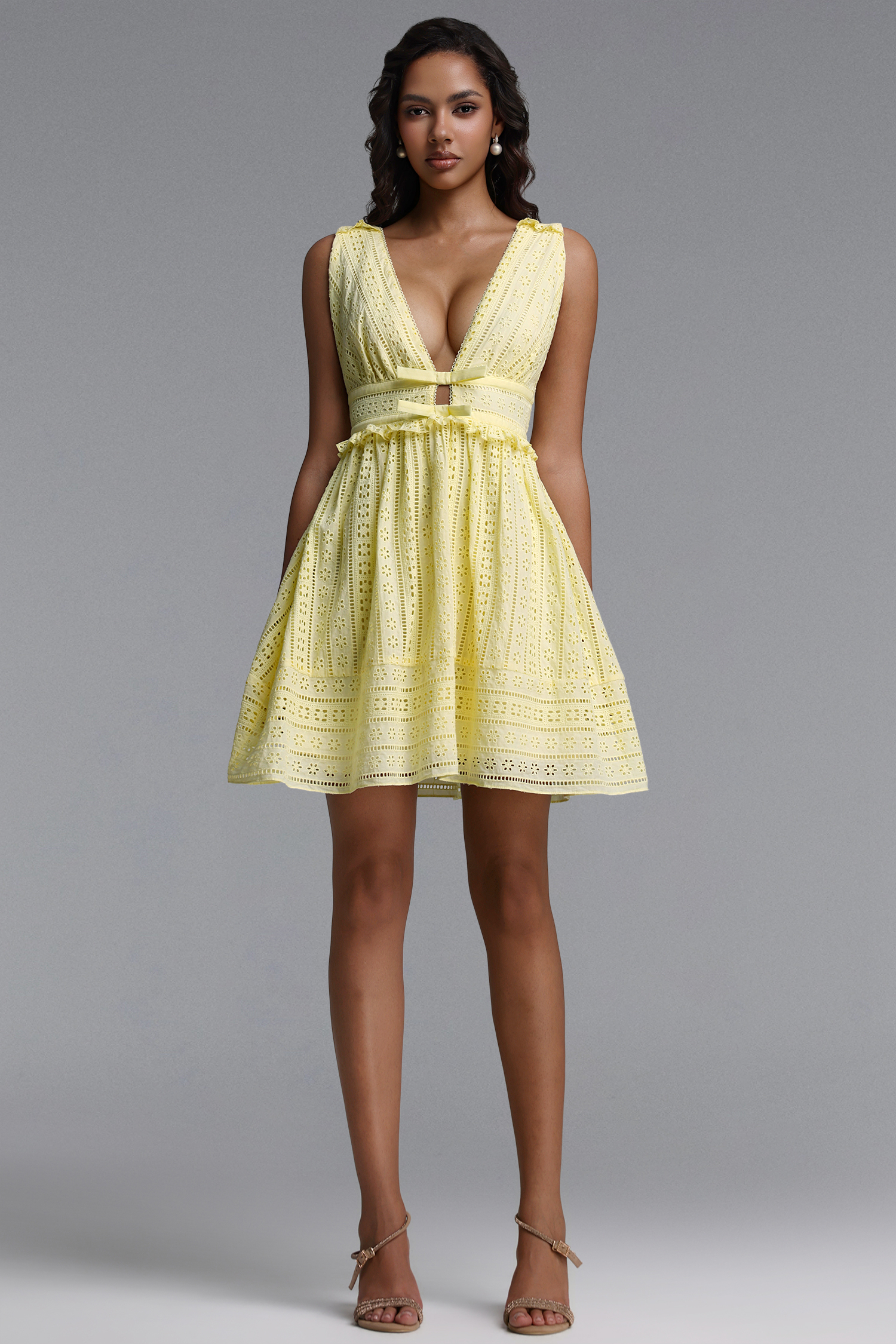 Samantha Romantic Cinched V Neck Sleeveless Ruffle Woven Mini Dress