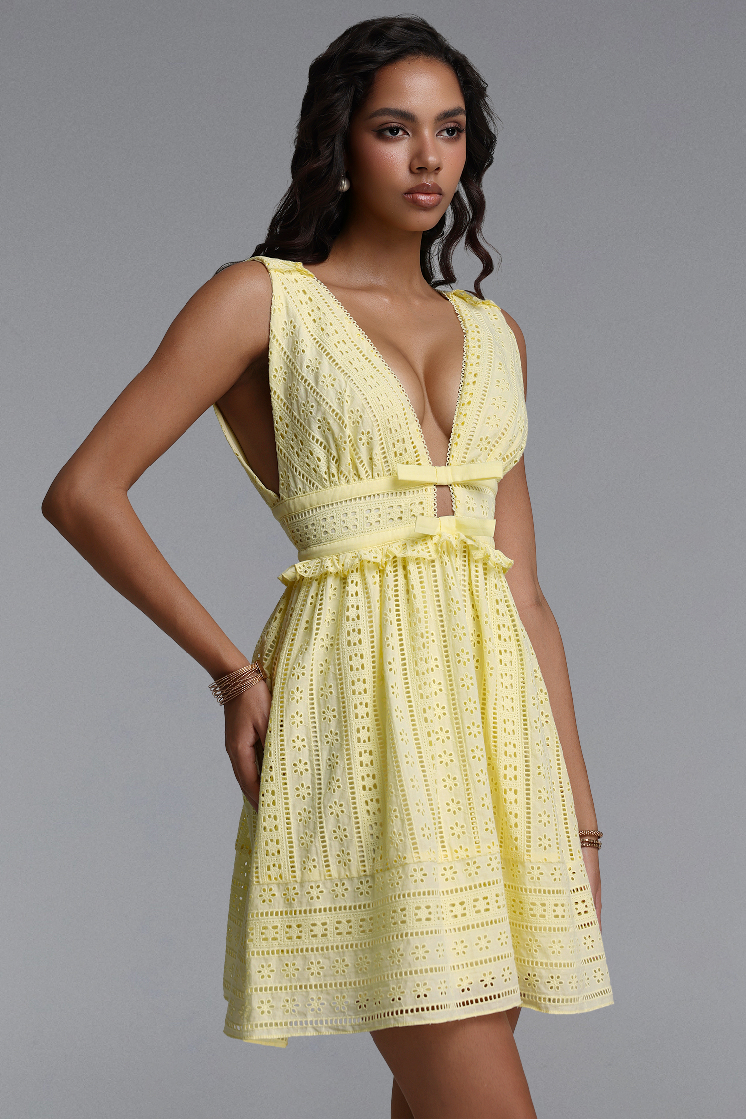 Samantha Romantic Cinched V Neck Sleeveless Ruffle Woven Mini Dress