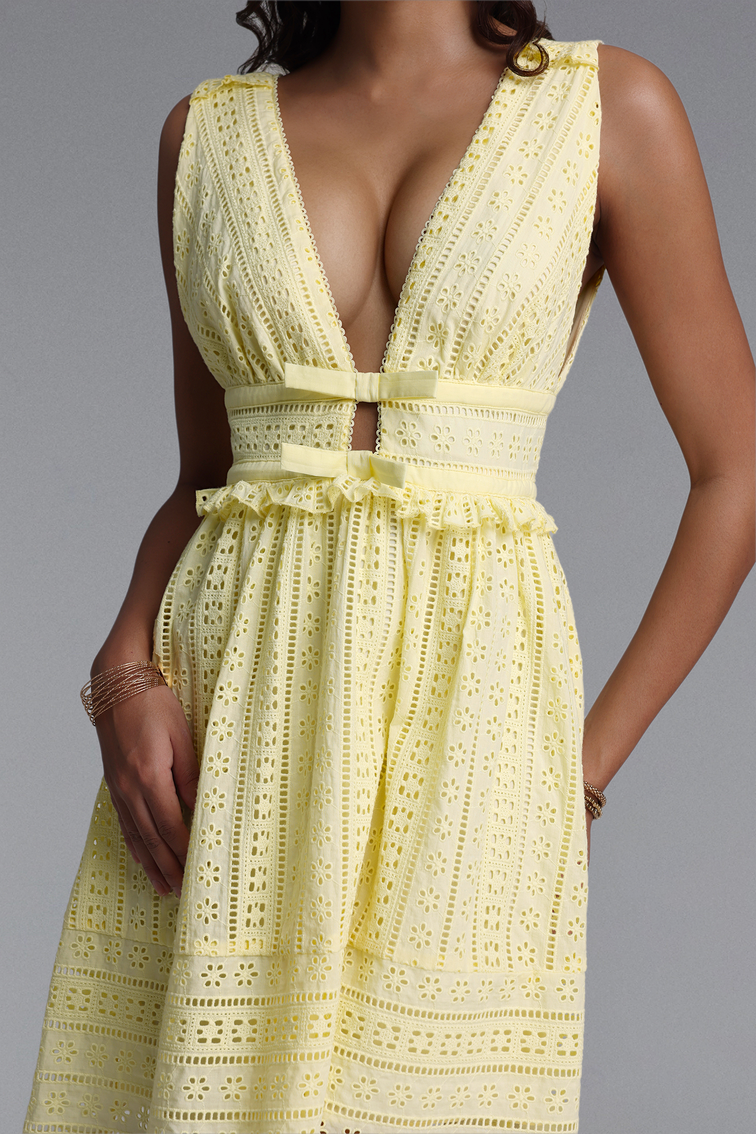 Samantha Romantic Cinched V Neck Sleeveless Ruffle Woven Mini Dress