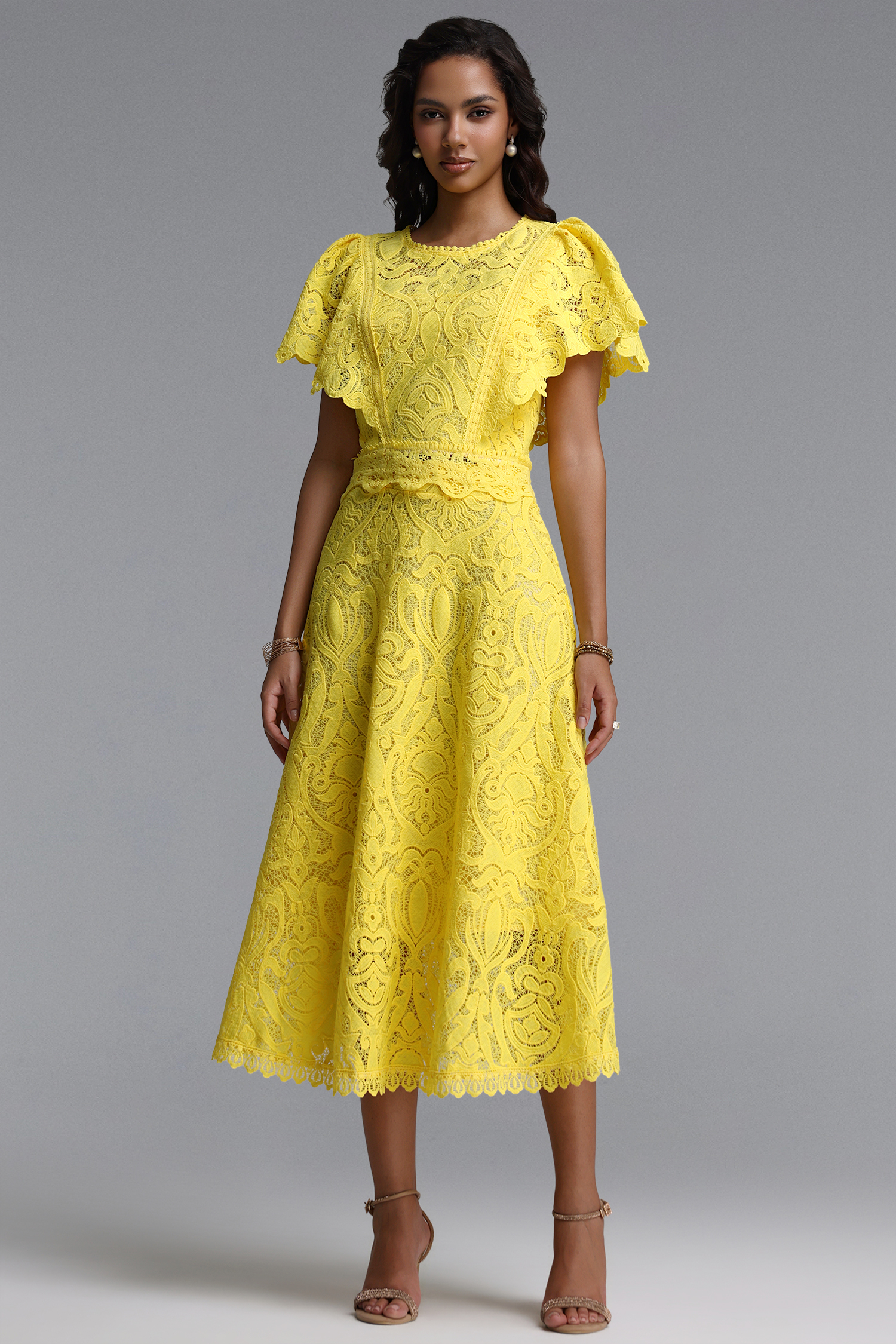 Pamak Romantic Tailored Ruffle Lace Maxi Dress
