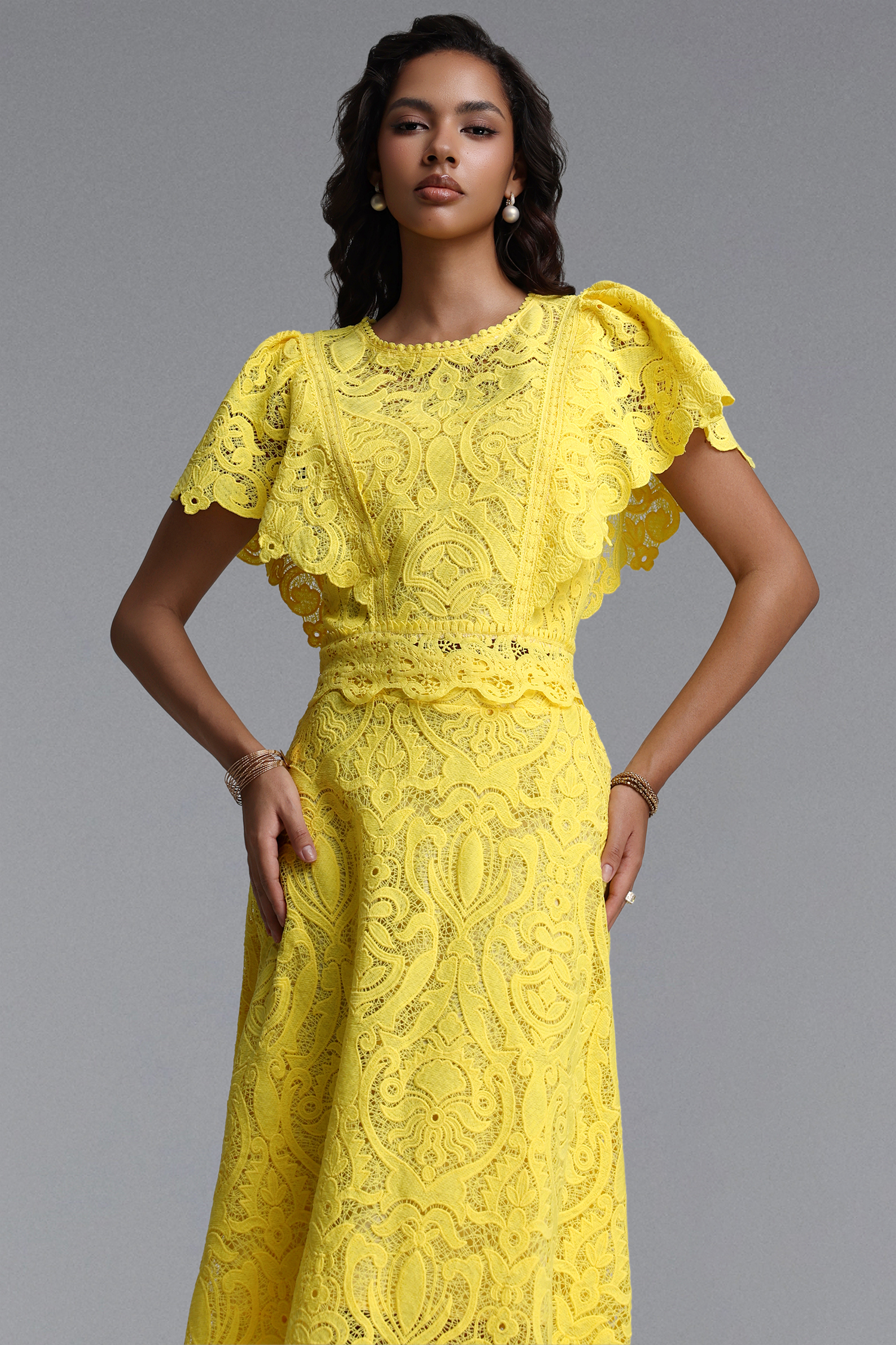Pamak Romantic Tailored Ruffle Lace Maxi Dress