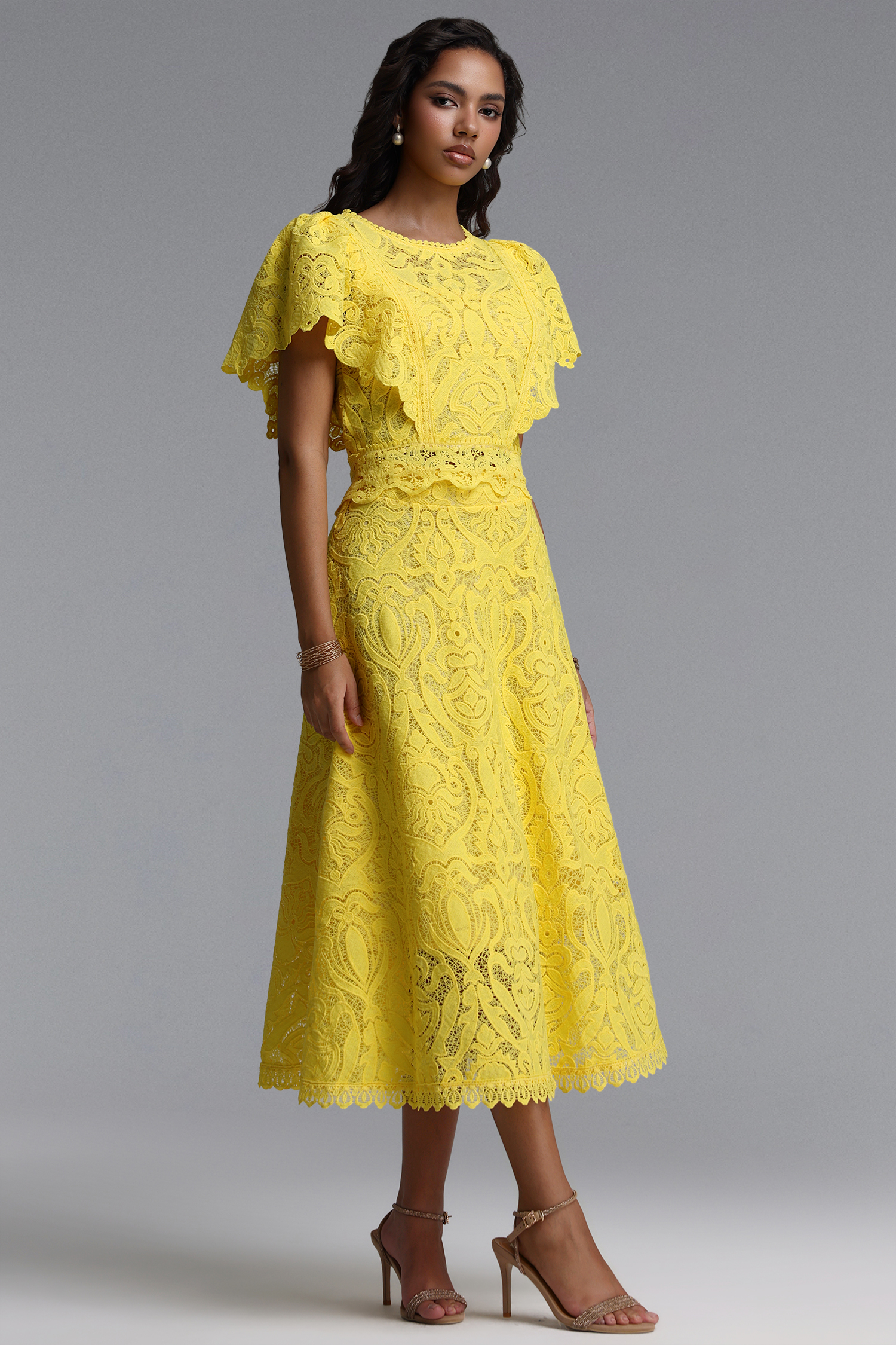 Pamak Romantic Tailored Ruffle Lace Maxi Dress