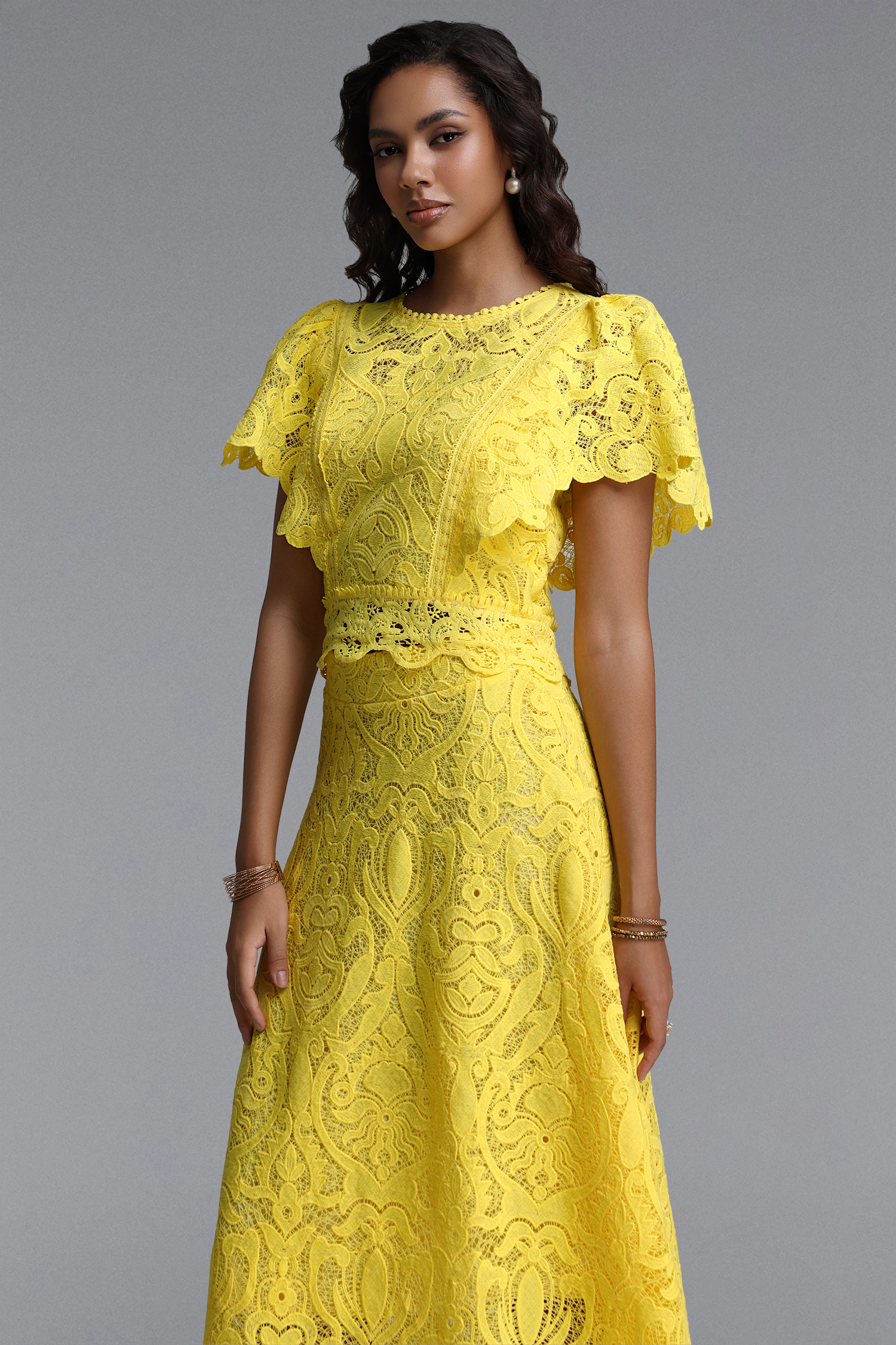 Pamak Romantic Tailored Ruffle Lace Maxi Dress
