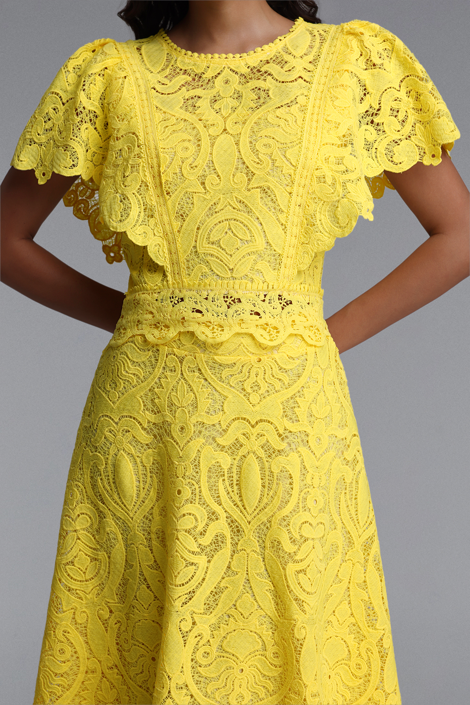 Pamak Romantic Tailored Ruffle Lace Maxi Dress