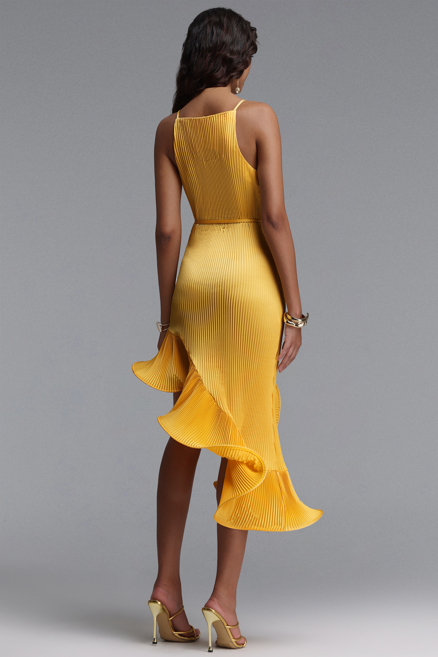Rerily Resort Flowy Sleeveless Asymmetric Ruffle Pleated Woven Midi Dress