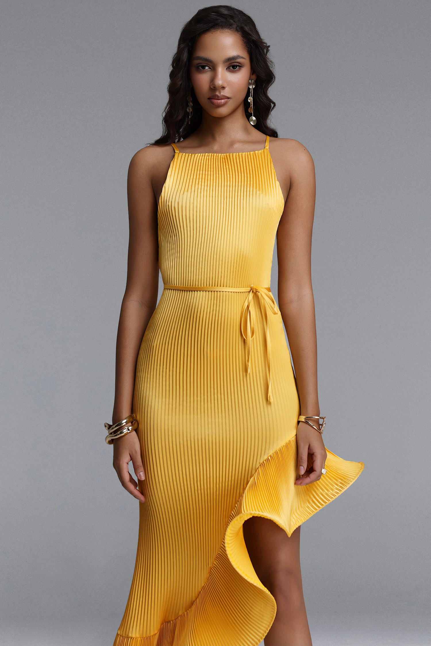 Rerily Resort Flowy Sleeveless Asymmetric Ruffle Pleated Woven Midi Dress