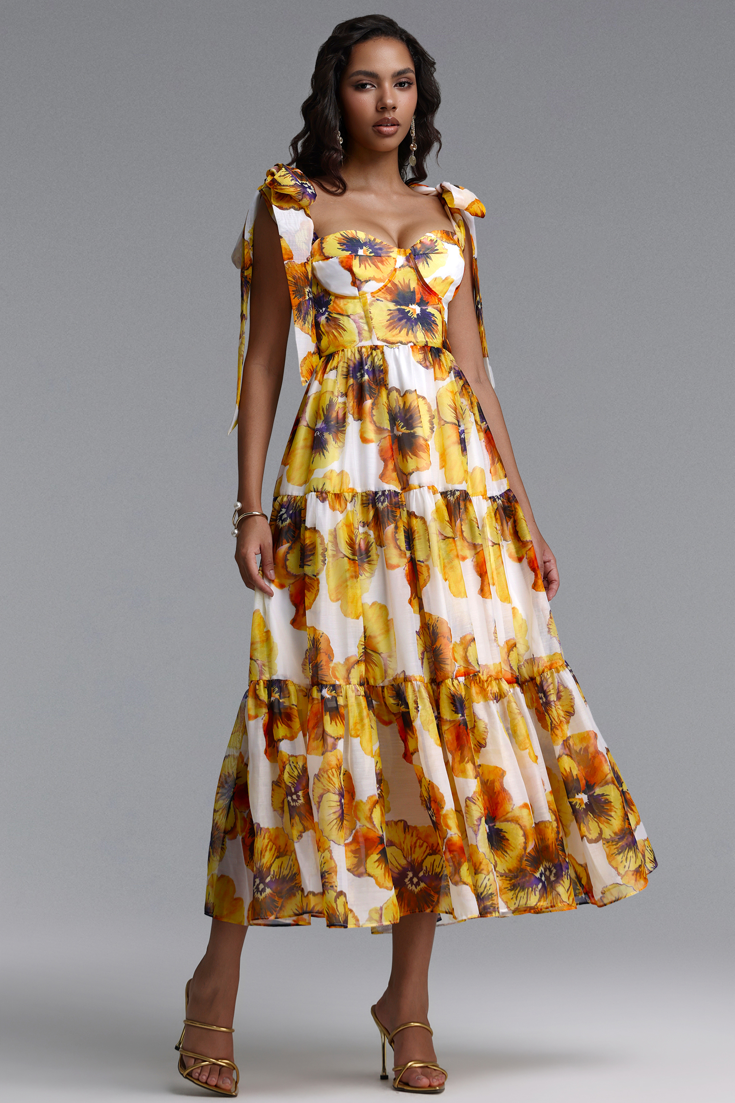 Keryn Romantic Flowy Floral Print Chiffon Maxi Dress