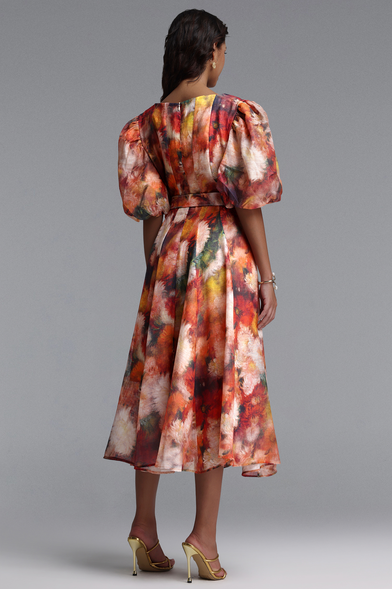 Shera Resort Flowy V Neck Puff Sleeve Floral Print Woven Maxi Dress
