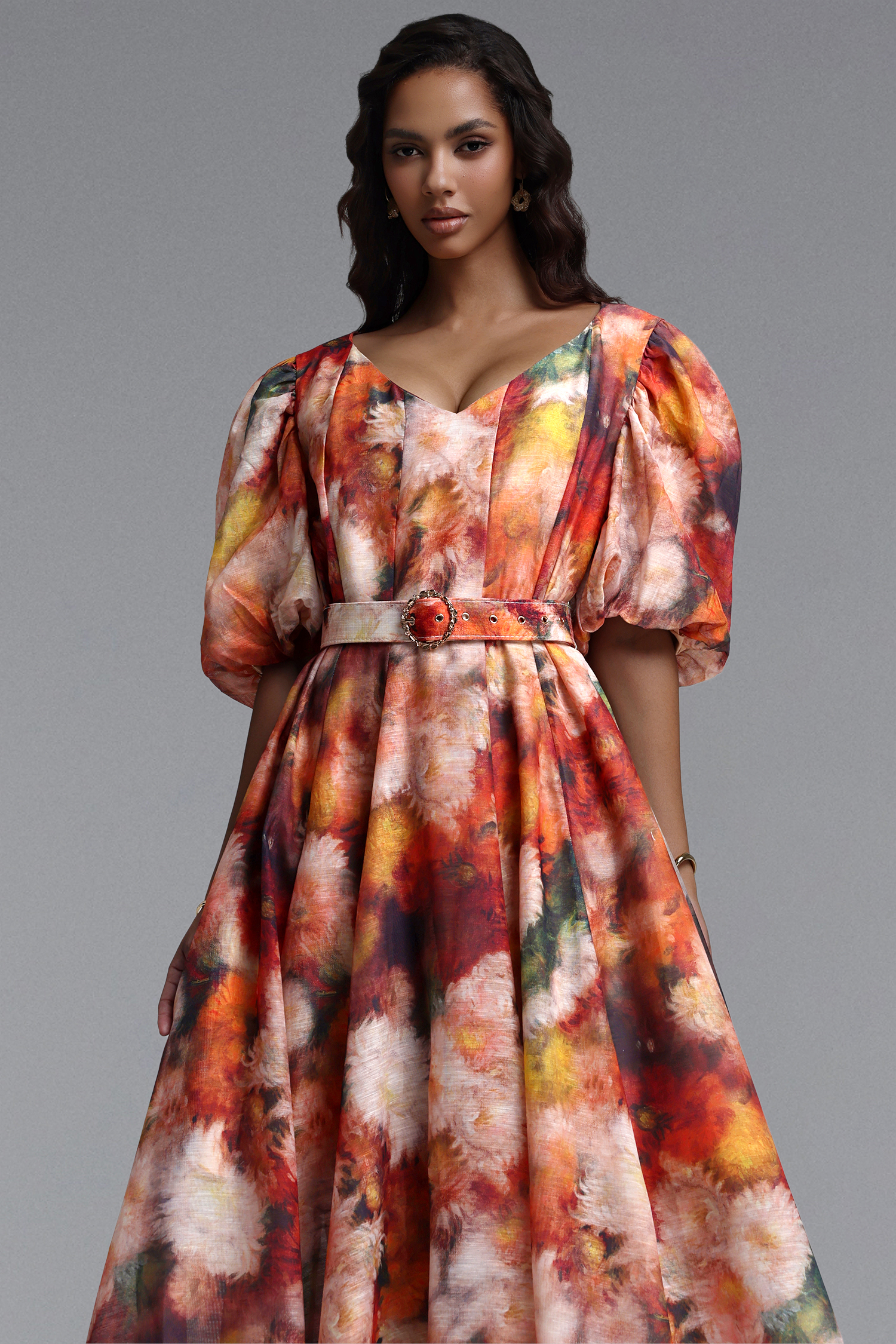 Shera Resort Flowy V Neck Puff Sleeve Floral Print Woven Maxi Dress