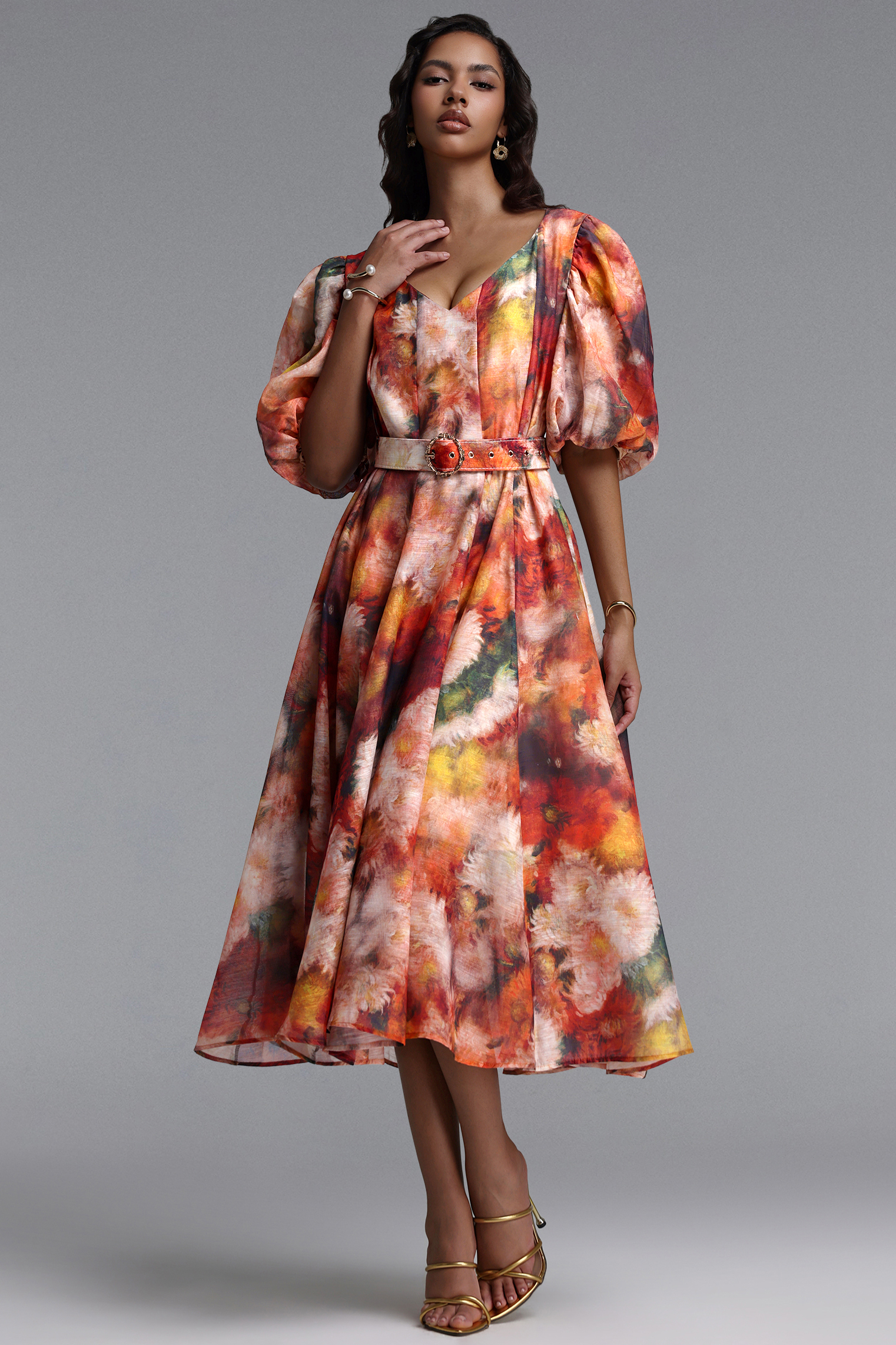 Shera Resort Flowy V Neck Puff Sleeve Floral Print Woven Maxi Dress
