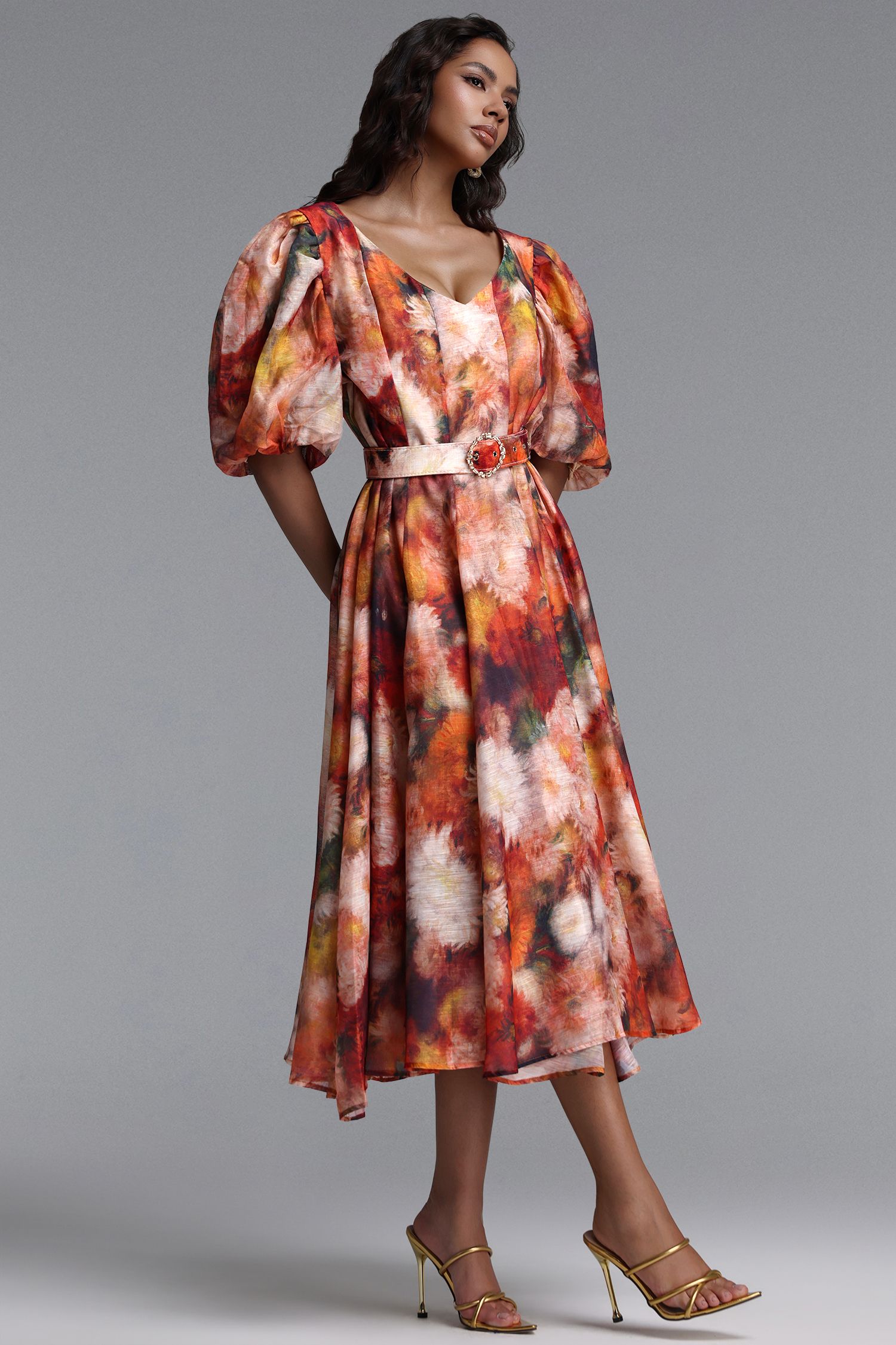 Shera Resort Flowy V Neck Puff Sleeve Floral Print Woven Maxi Dress