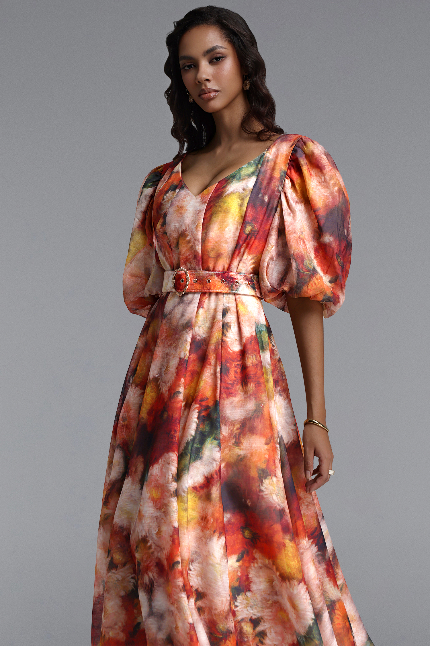 Shera Resort Flowy V Neck Puff Sleeve Floral Print Woven Maxi Dress
