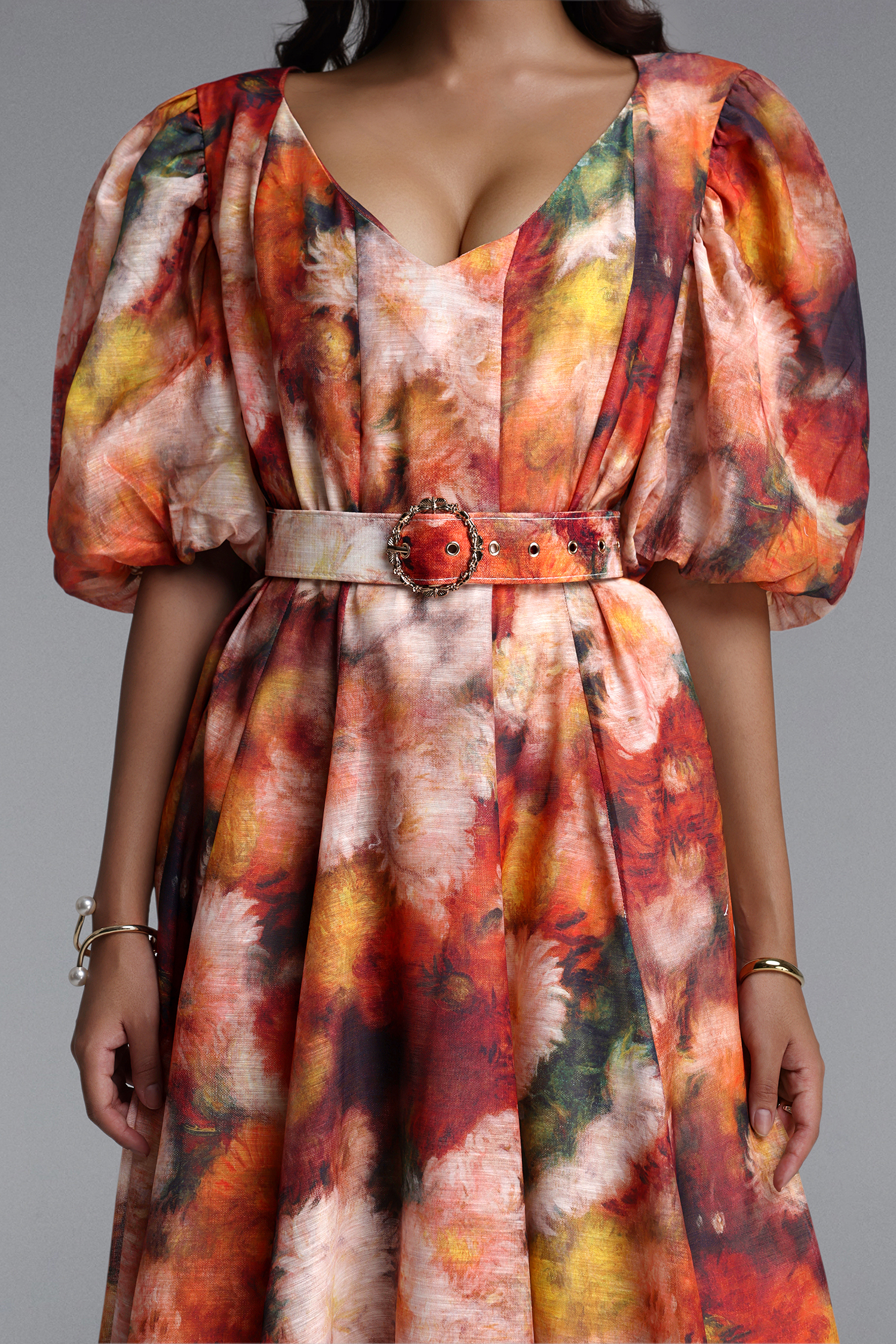 Shera Resort Flowy V Neck Puff Sleeve Floral Print Woven Maxi Dress