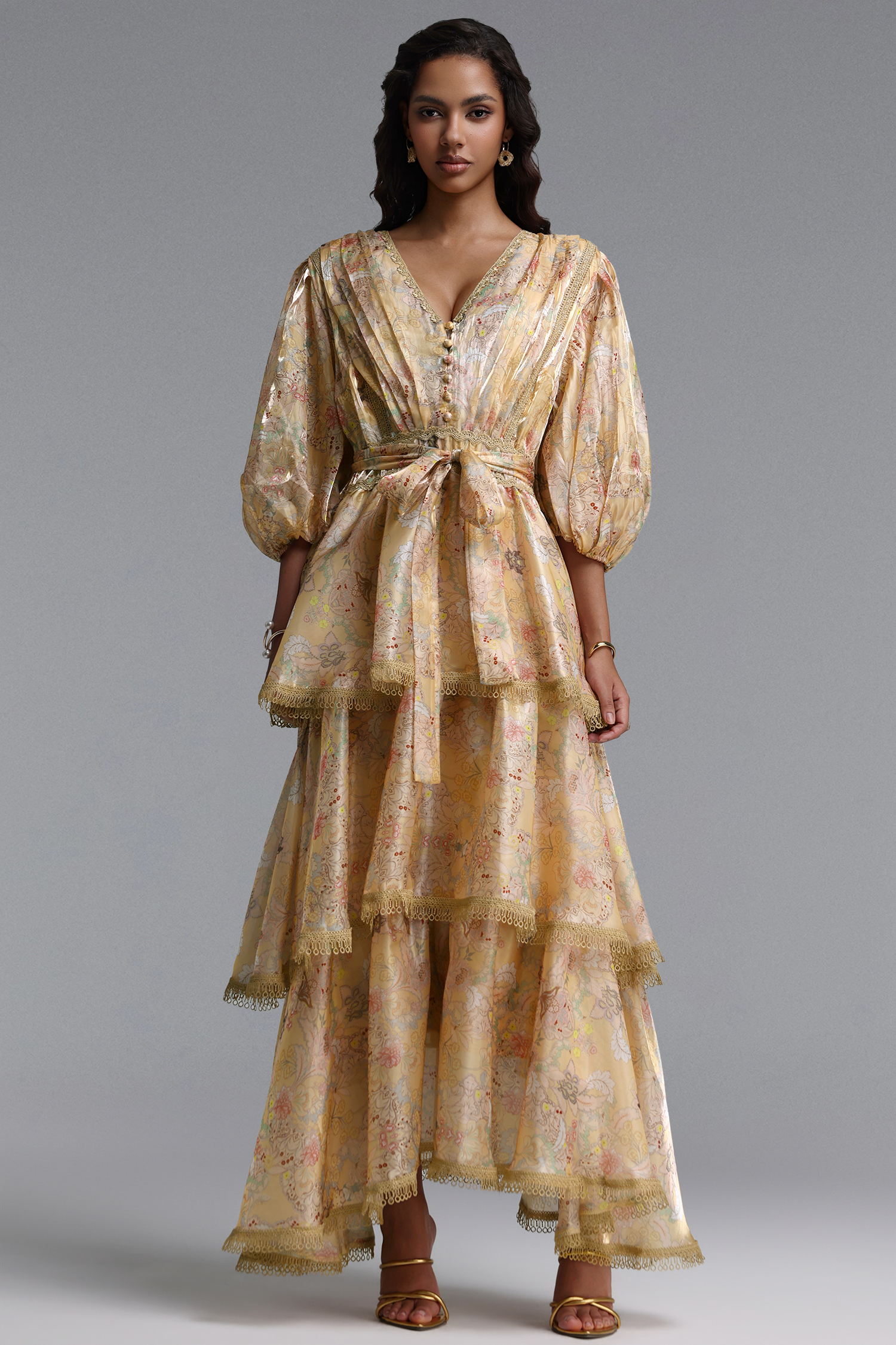 Taliyah Resort Flowy Puff Sleeve Floral Print Lace Trimmed Woven Maxi Dress