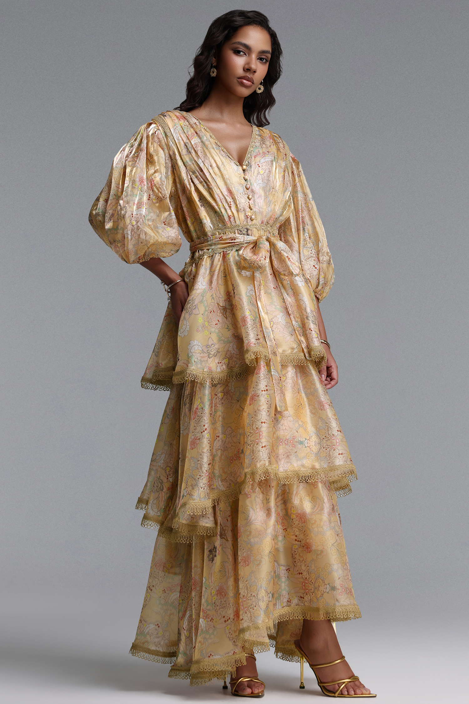 Taliyah Resort Flowy Puff Sleeve Floral Print Lace Trimmed Woven Maxi Dress