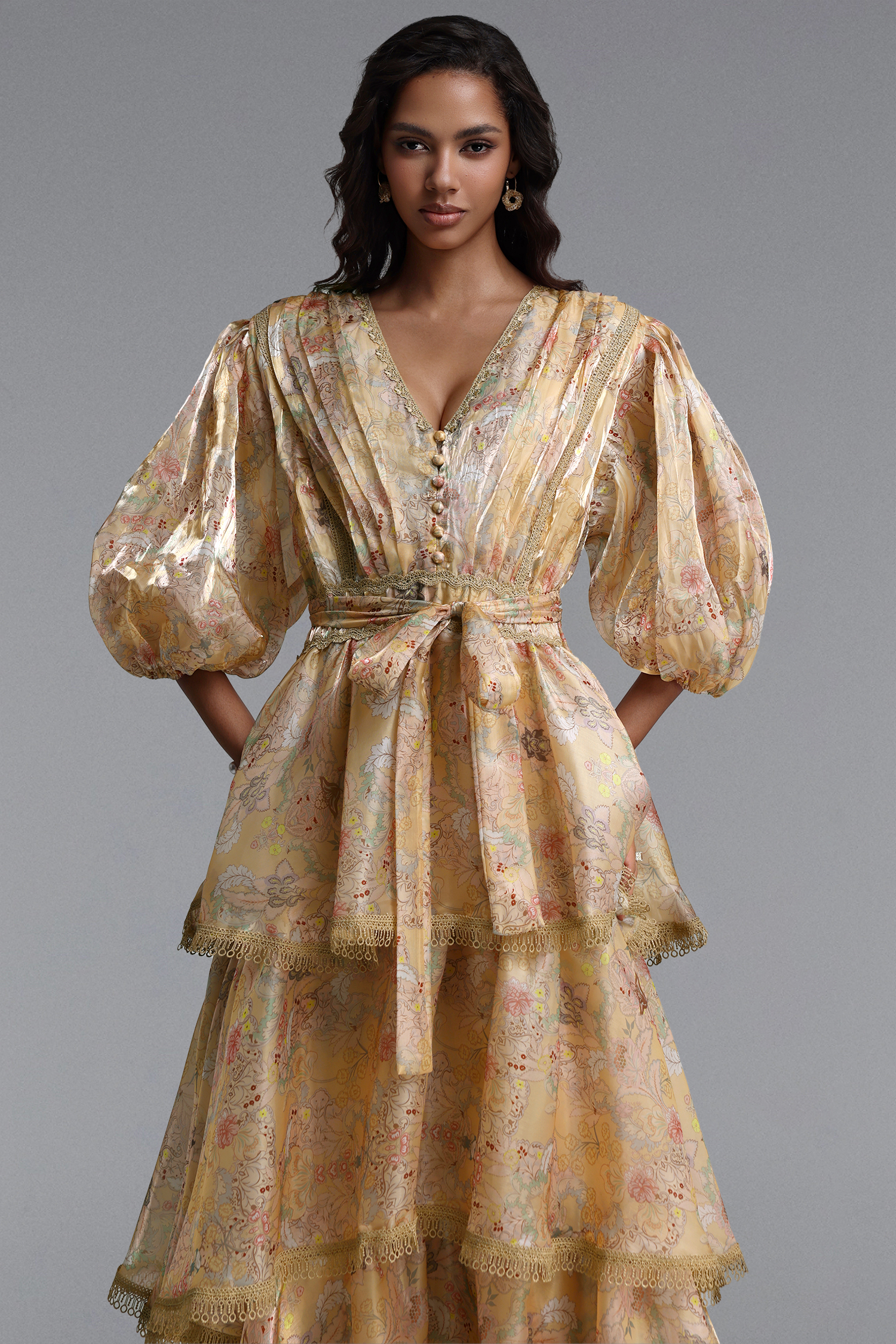 Taliyah Resort Flowy Puff Sleeve Floral Print Lace Trimmed Woven Maxi Dress