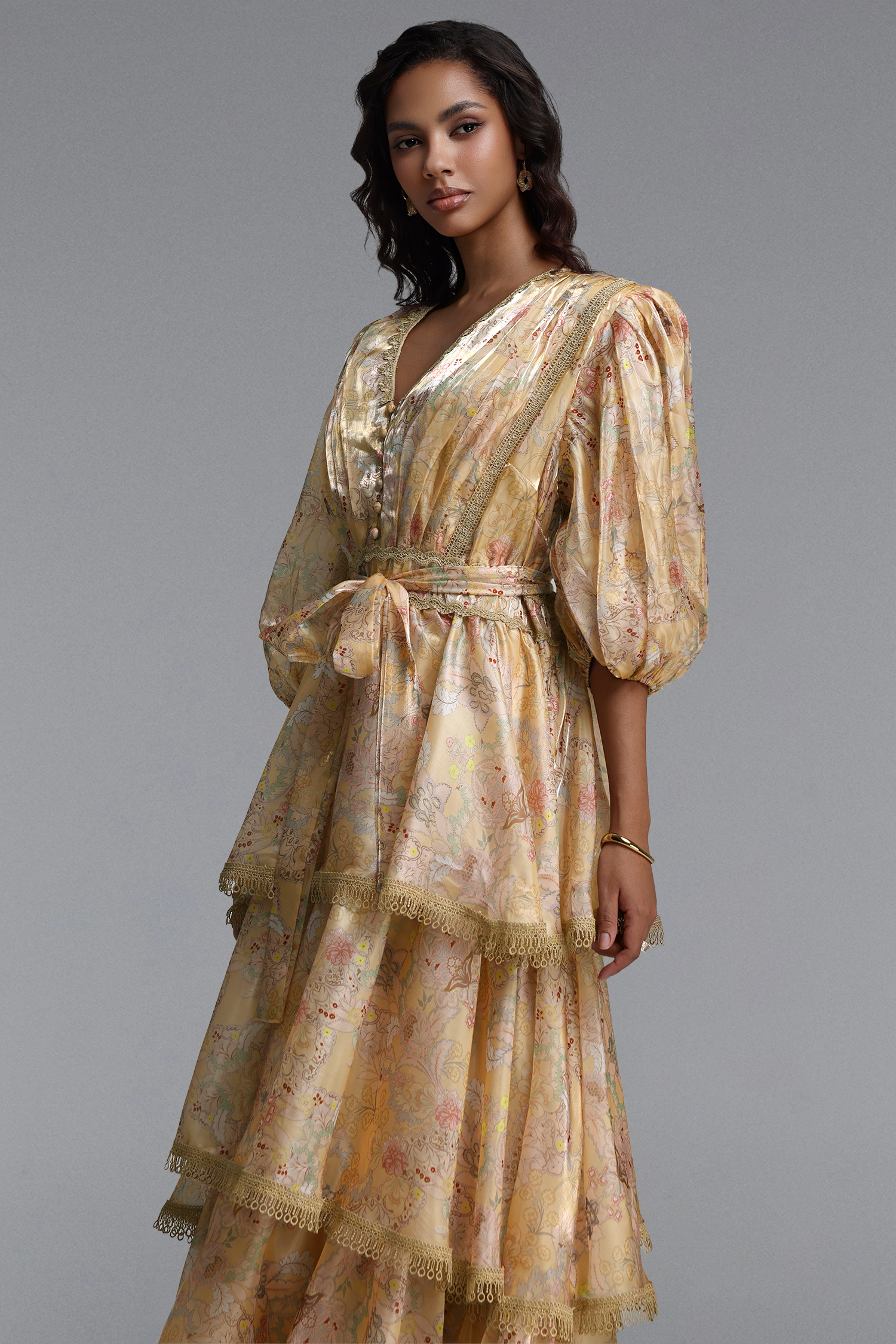 Taliyah Resort Flowy Puff Sleeve Floral Print Lace Trimmed Woven Maxi Dress